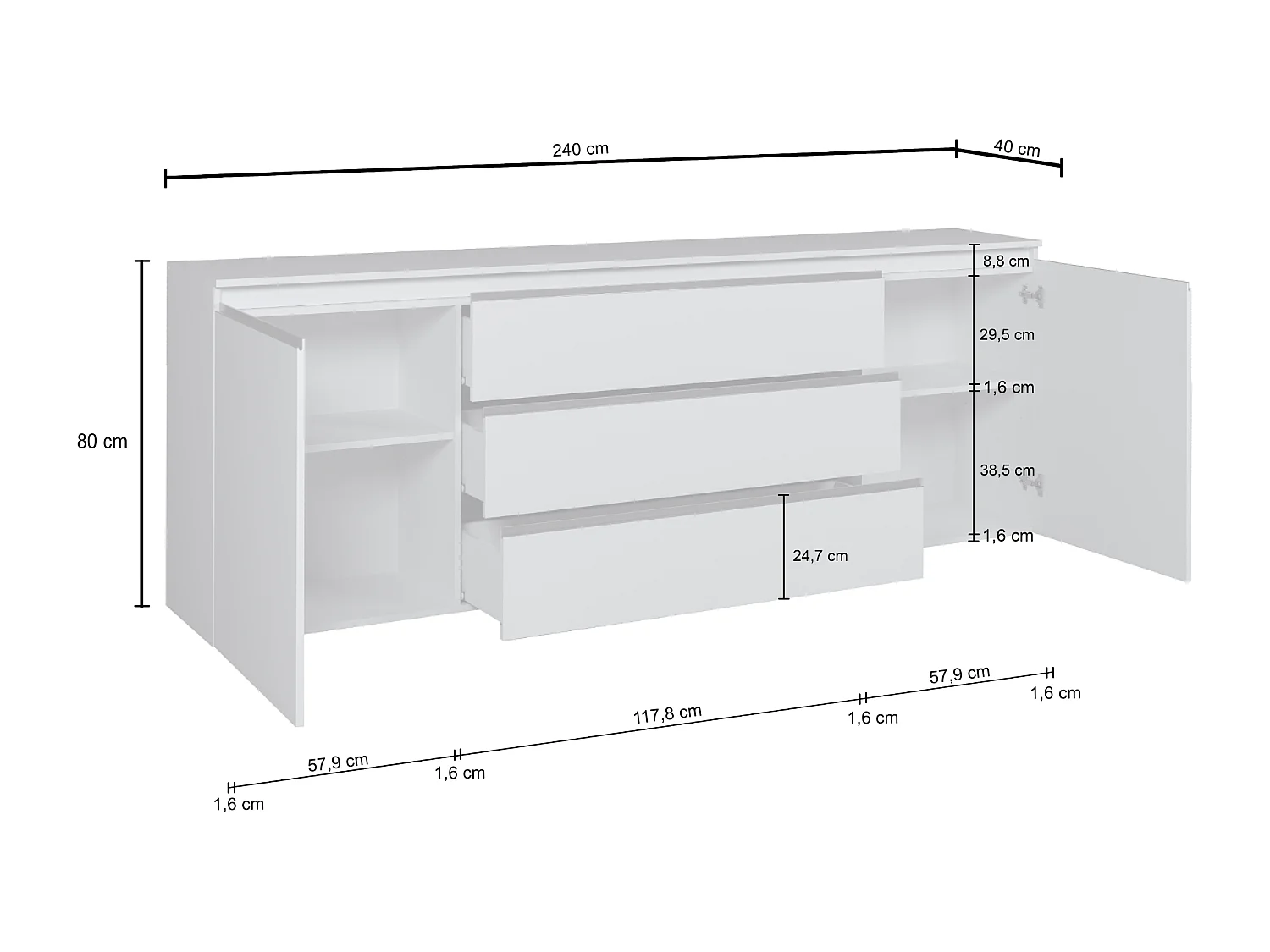 Credenza cassettiera Magic con 2 ante e 3 cassetti bianco lucido 240x40x80 cm