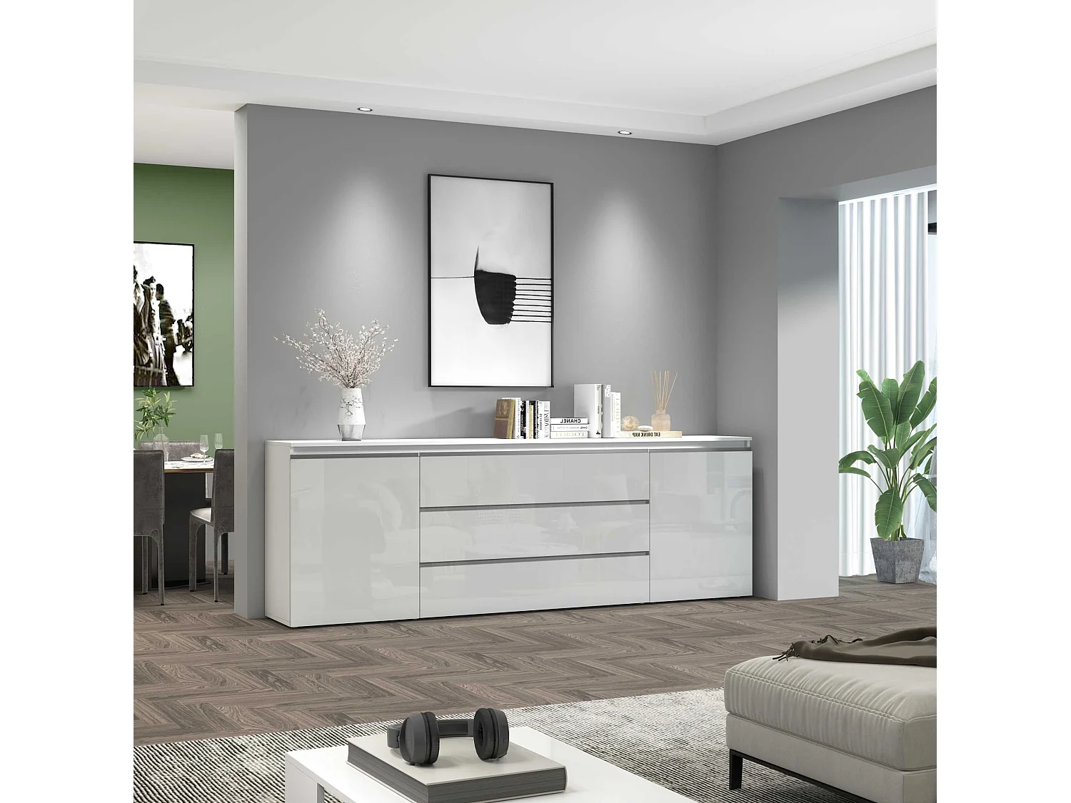 Aparador Magic con 2 puertas y 3 cajones blanco brillo 240x40x80 cm