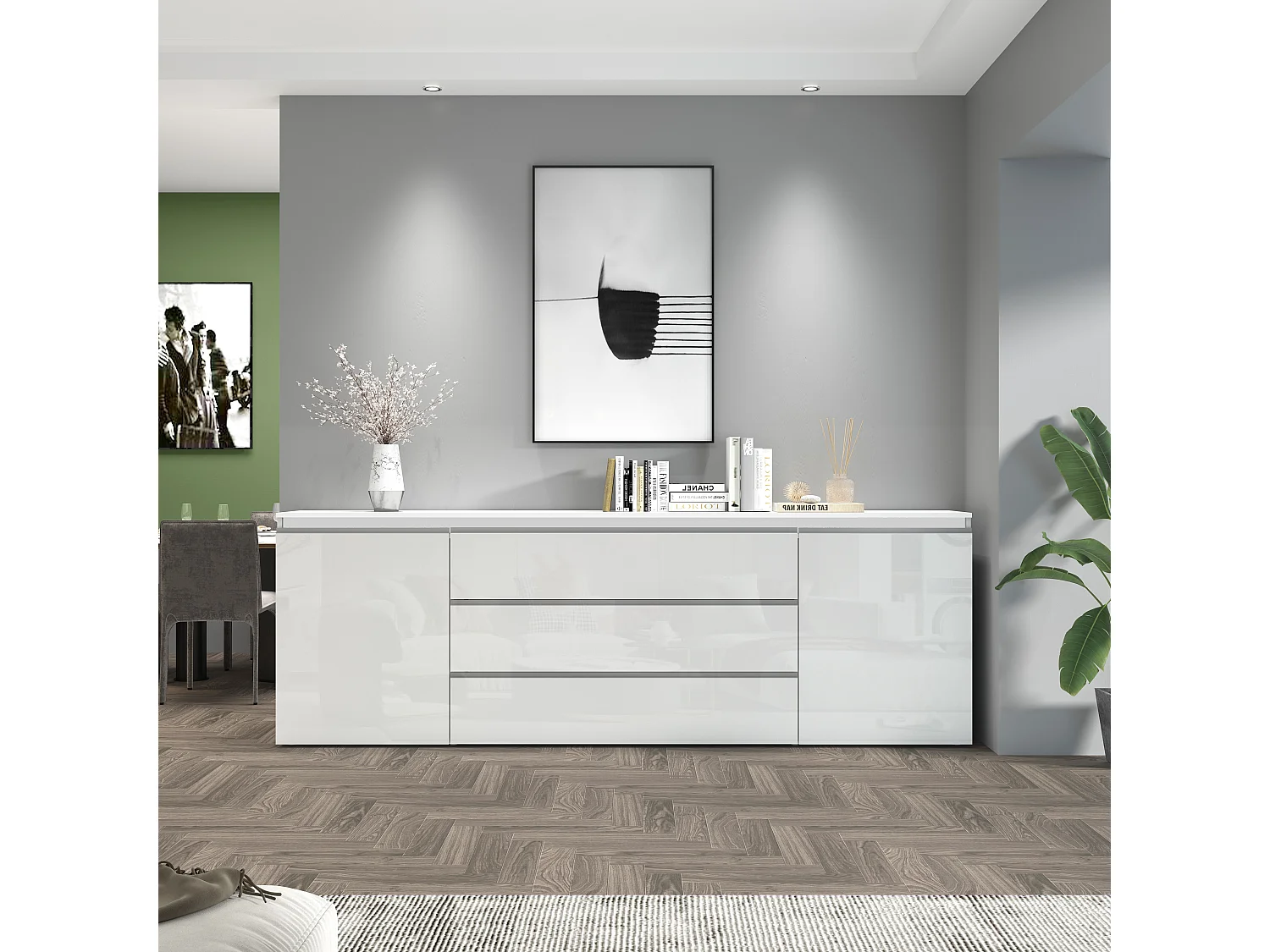 Aparador Magic con 2 puertas y 3 cajones blanco brillo 240x40x80 cm