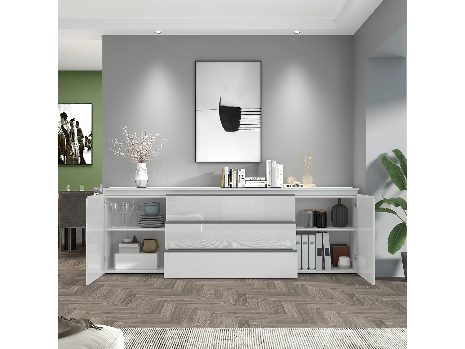 Aparador Magic con 2 puertas y 3 cajones blanco brillo 240x40x80 cm