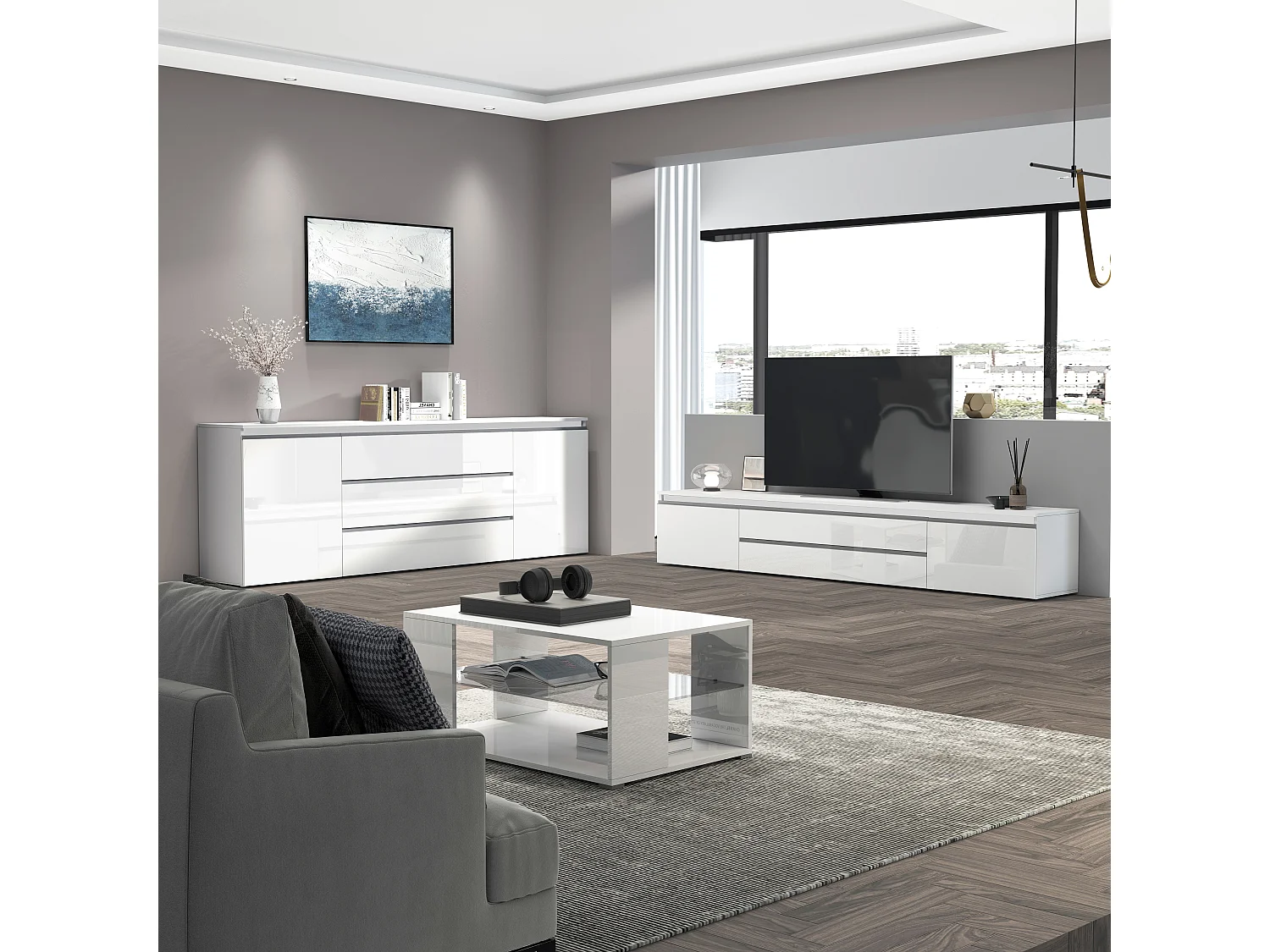 Aparador Magic con 2 puertas y 3 cajones blanco brillo 240x40x80 cm