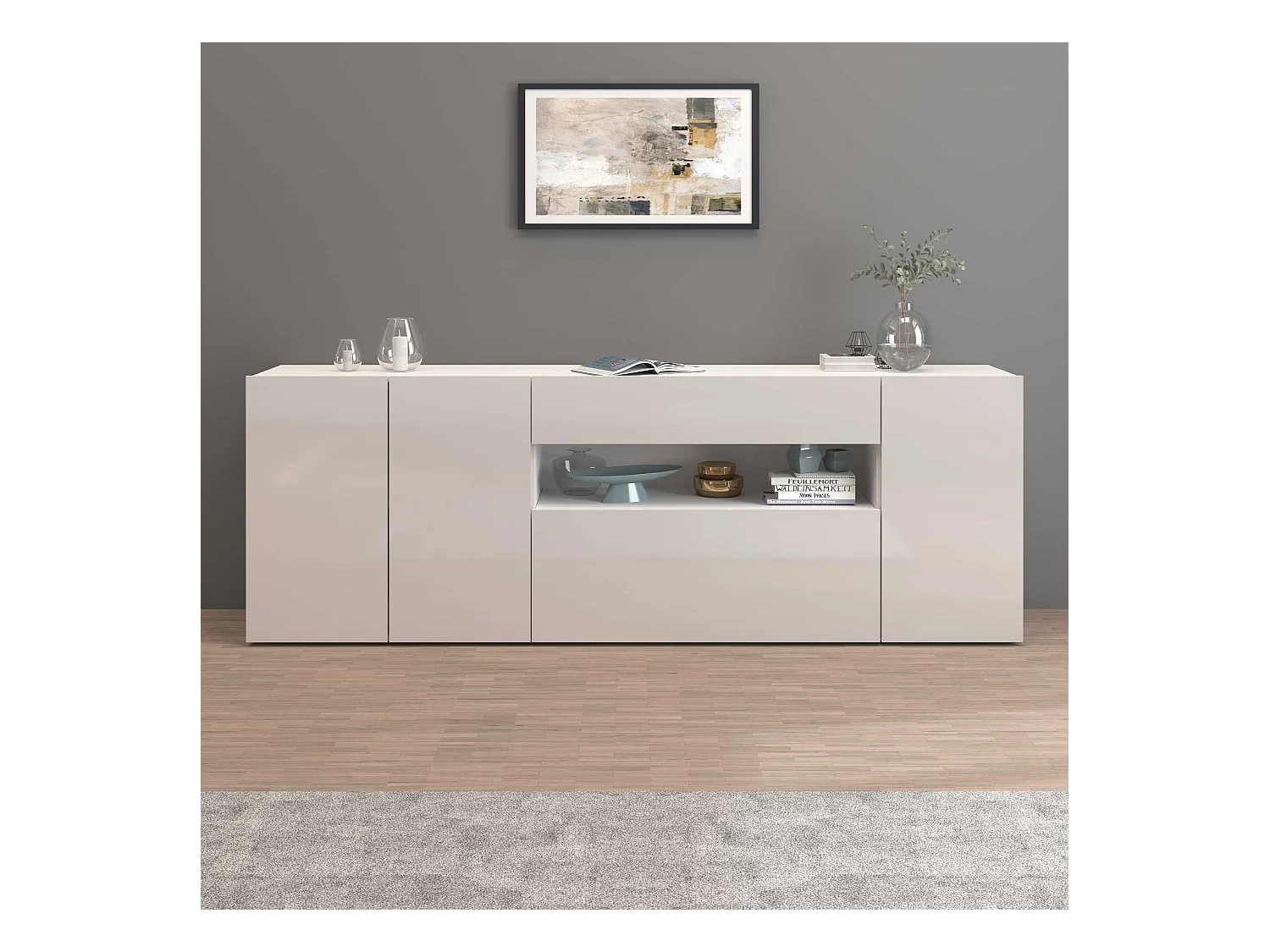 Credenza Potenza con 3 ante 1 ribalta e 1 cassetto bianco lucido 220x40x81 cm