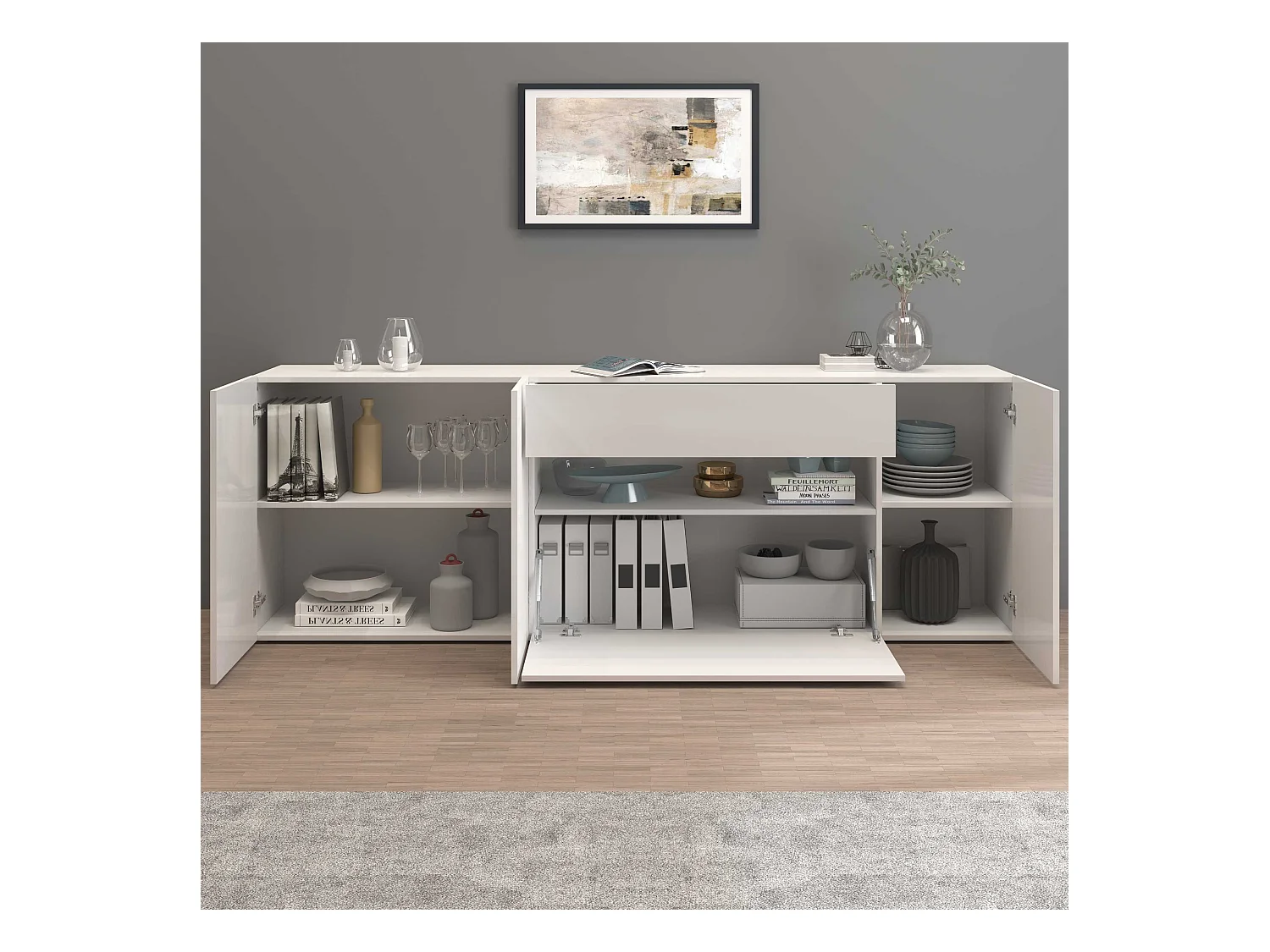 Credenza Potenza con 3 ante 1 ribalta e 1 cassetto bianco lucido 220x40x81 cm
