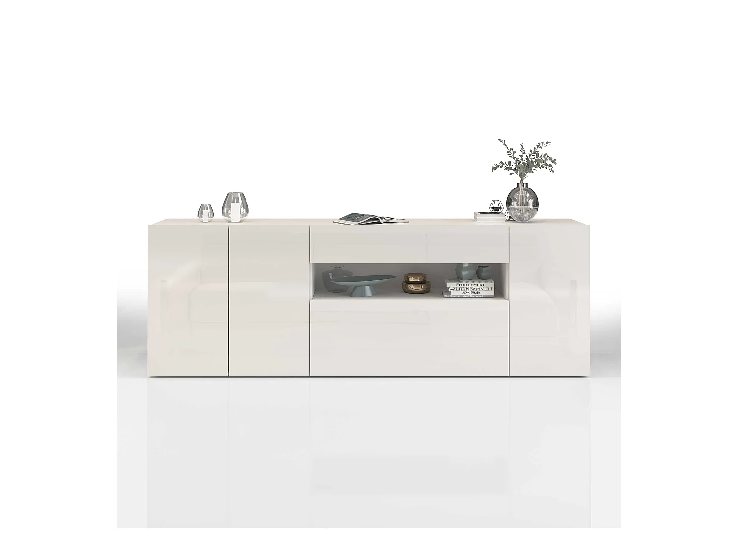 Credenza Potenza con 3 ante 1 ribalta e 1 cassetto bianco lucido 220x40x81 cm