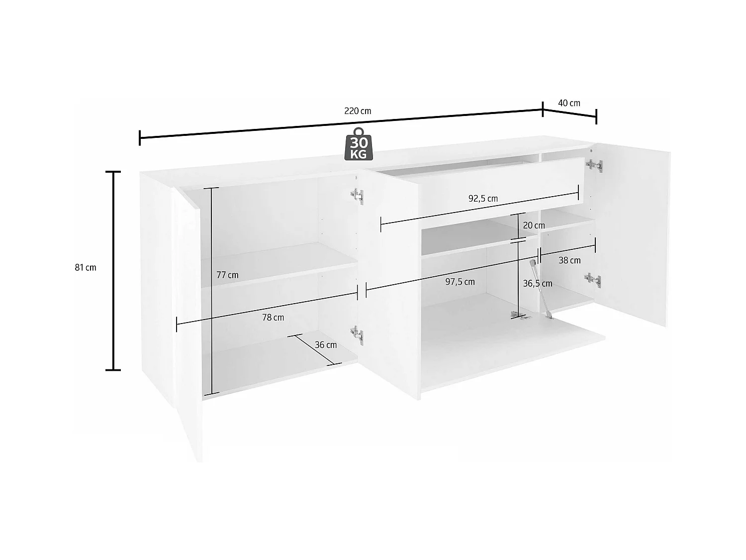 Credenza Potenza con 3 ante 1 ribalta e 1 cassetto bianco lucido 220x40x81 cm