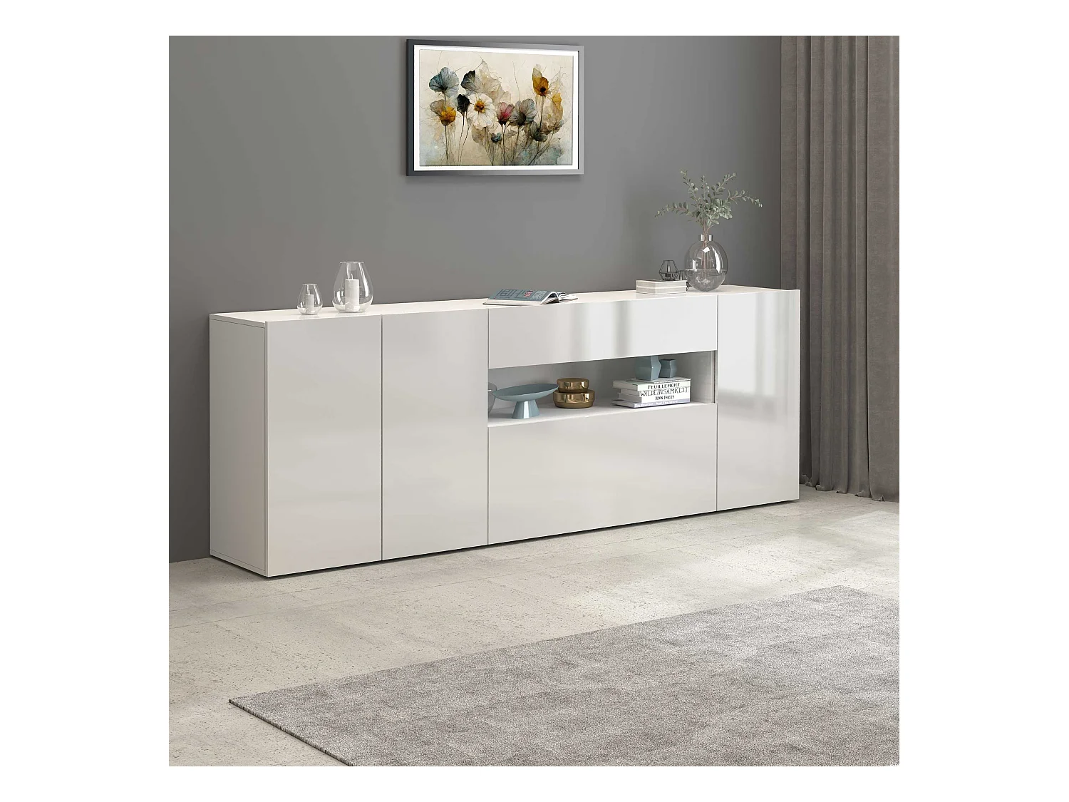 Credenza Potenza con 3 ante 1 ribalta e 1 cassetto bianco lucido 220x40x81 cm