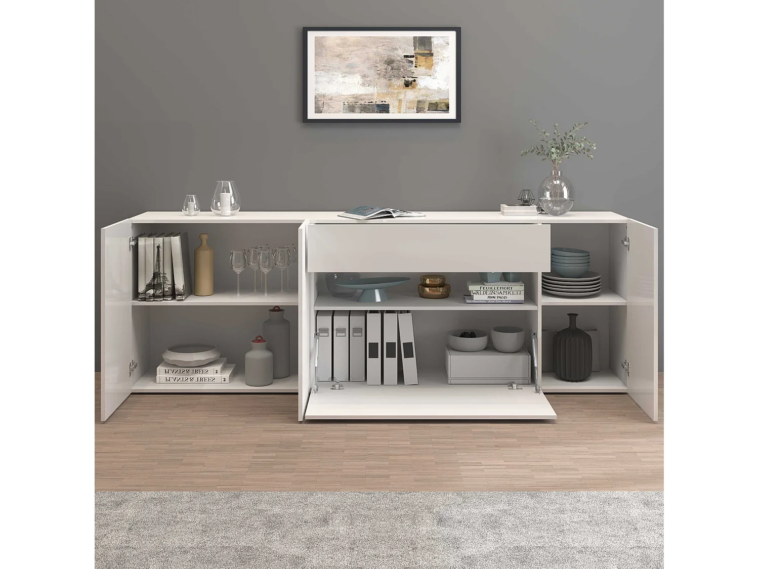 Credenza Potenza con 3 ante 1 ribalta e 1 cassetto bianco lucido 220x40x81 cm