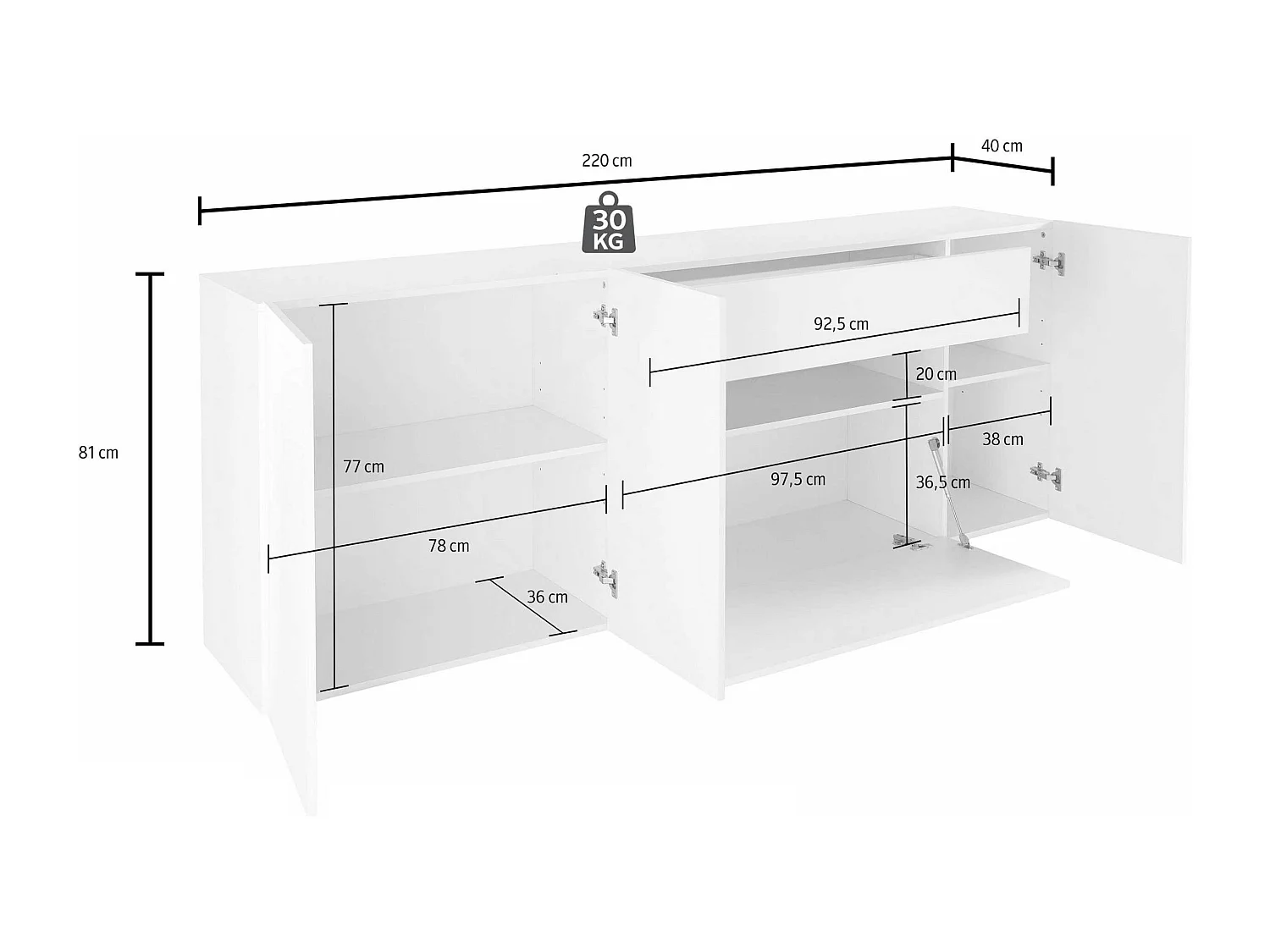 Credenza Potenza con 3 ante 1 ribalta e 1 cassetto bianco lucido 220x40x81 cm