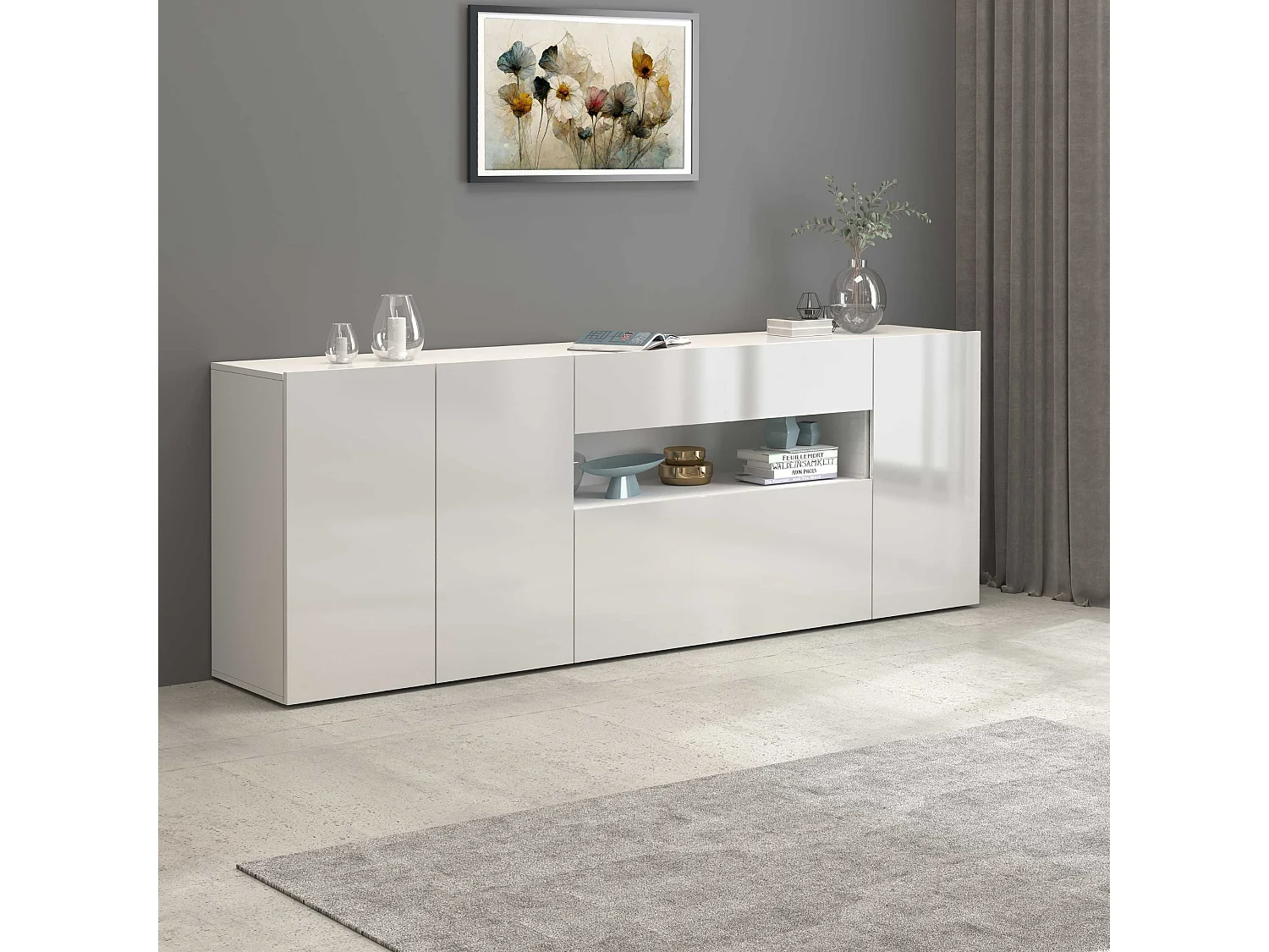 Credenza Potenza con 3 ante 1 ribalta e 1 cassetto bianco lucido 220x40x81 cm
