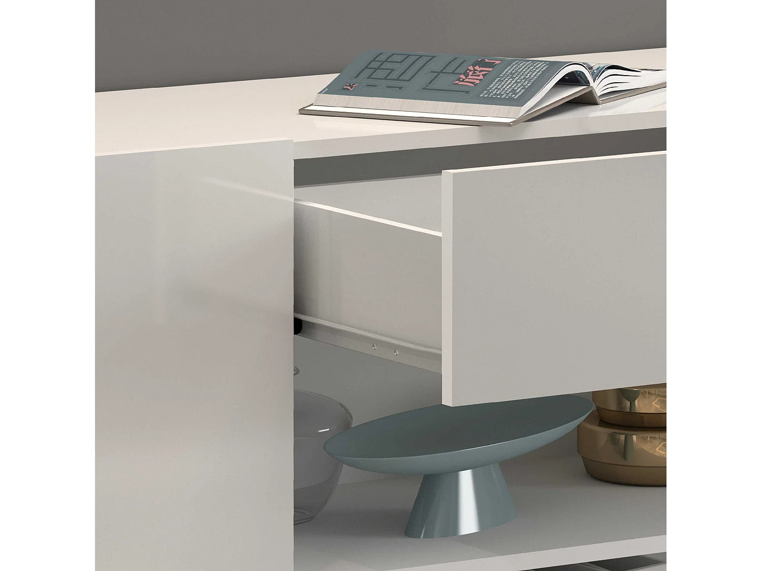 Credenza Potenza con 3 ante 1 ribalta e 1 cassetto bianco lucido 220x40x81 cm