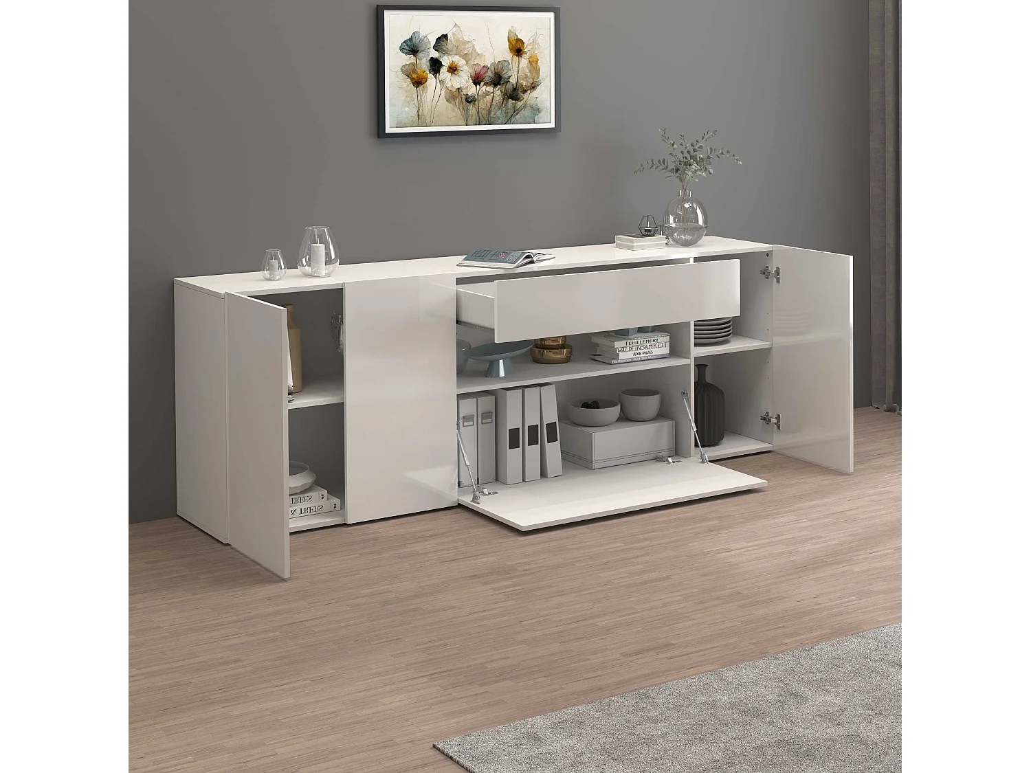 Credenza Potenza con 3 ante 1 ribalta e 1 cassetto bianco lucido 220x40x81 cm