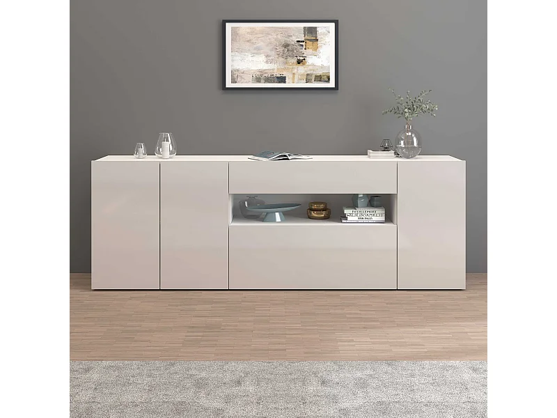 Credenza Potenza con 3 ante 1 ribalta e 1 cassetto bianco lucido 220x40x81 cm