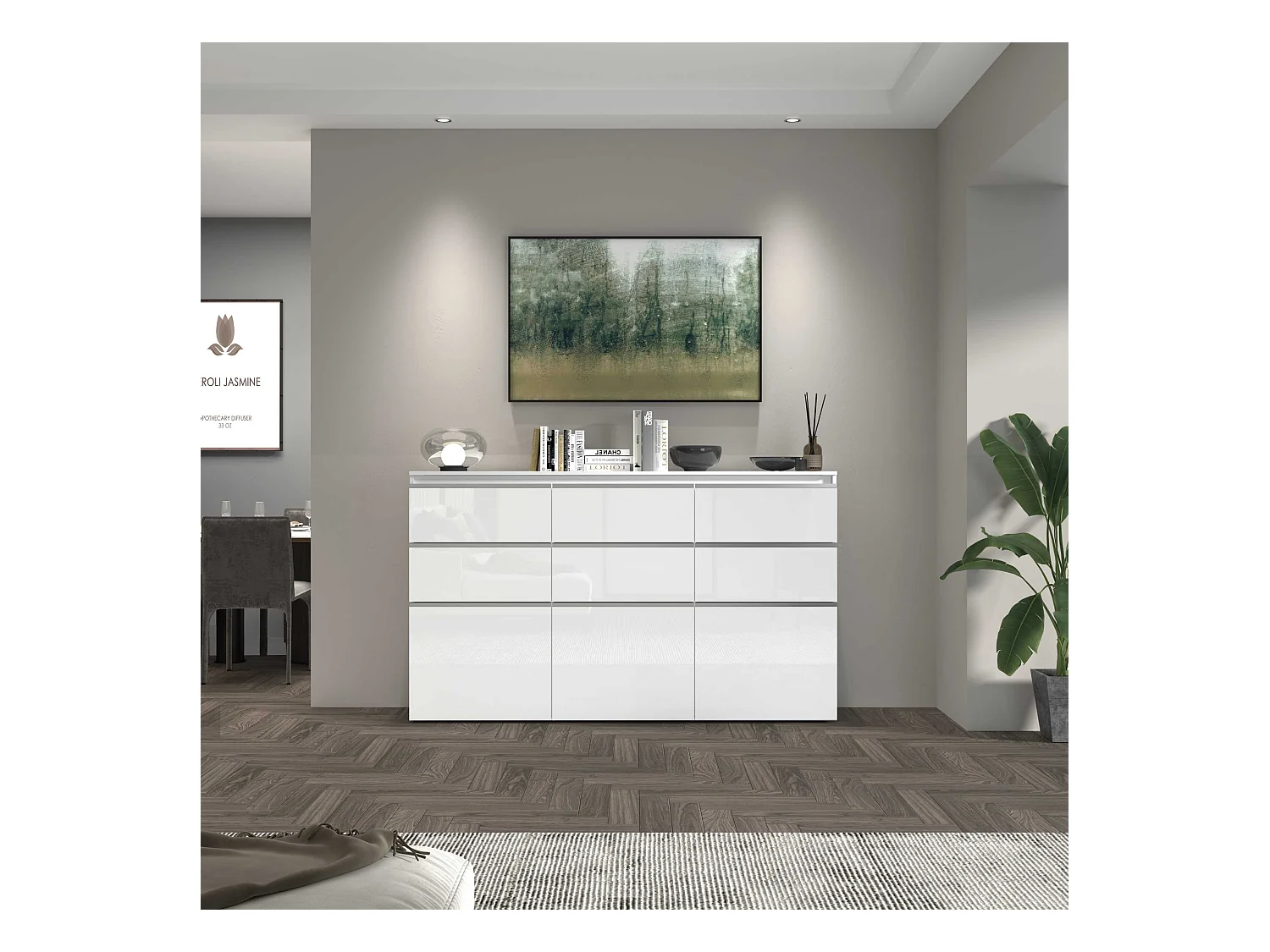 Credenza a cassettiera Magic 3 ante e 6 cassetti bianco lucido 180x40x105 cm