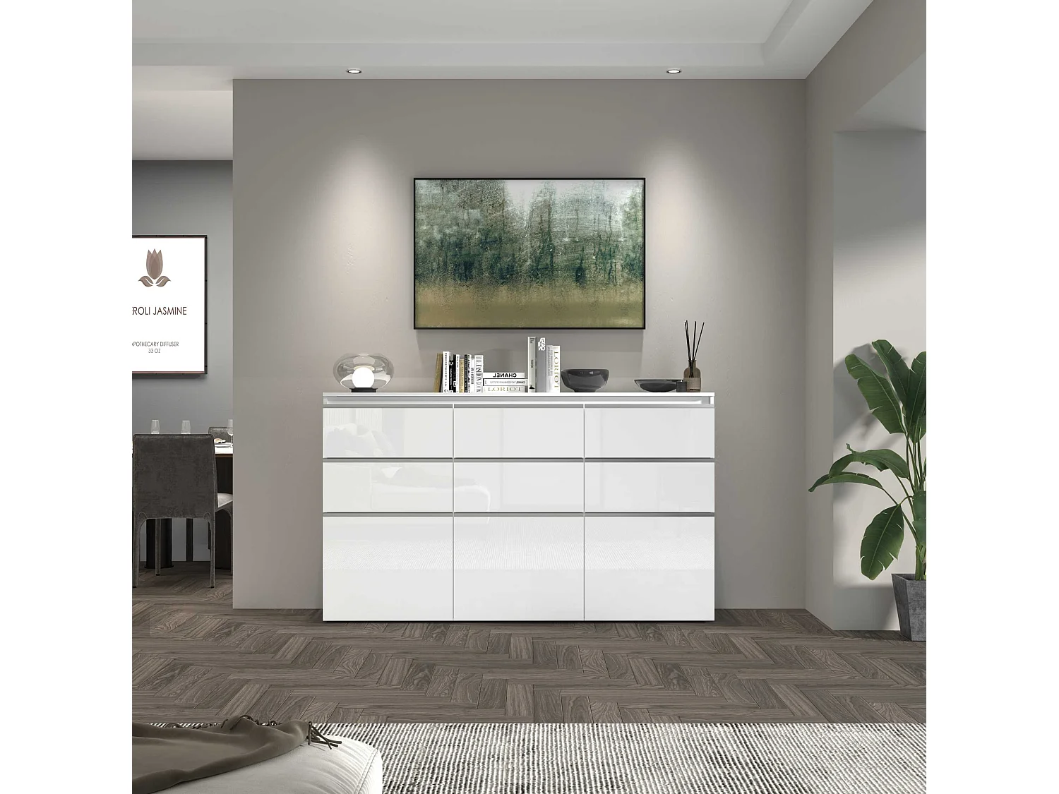Credenza a cassettiera Magic 3 ante e 6 cassetti bianco lucido 180x40x105 cm