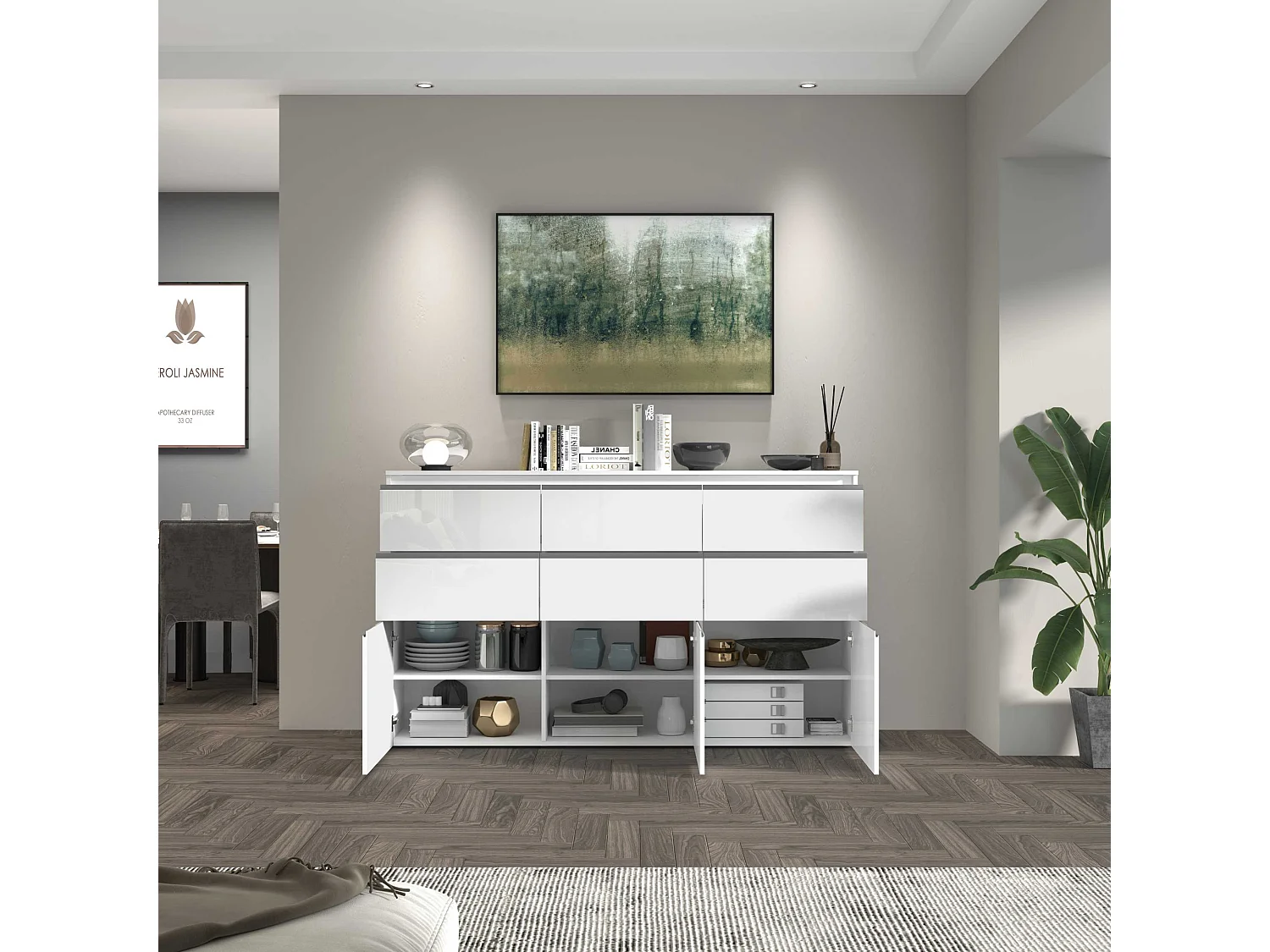 Credenza a cassettiera Magic 3 ante e 6 cassetti bianco lucido 180x40x105 cm