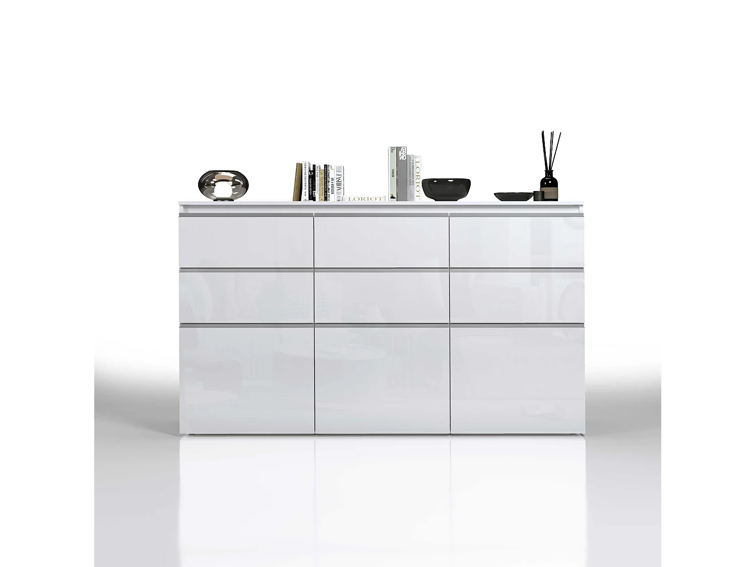 Credenza a cassettiera Magic 3 ante e 6 cassetti bianco lucido 180x40x105 cm