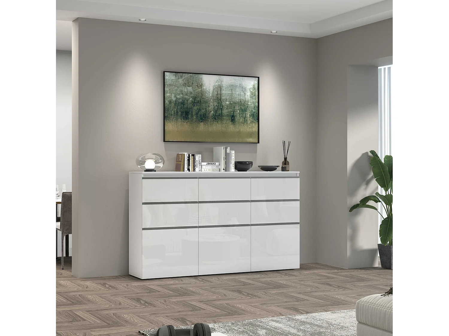 Credenza a cassettiera Magic 3 ante e 6 cassetti bianco lucido 180x40x105 cm