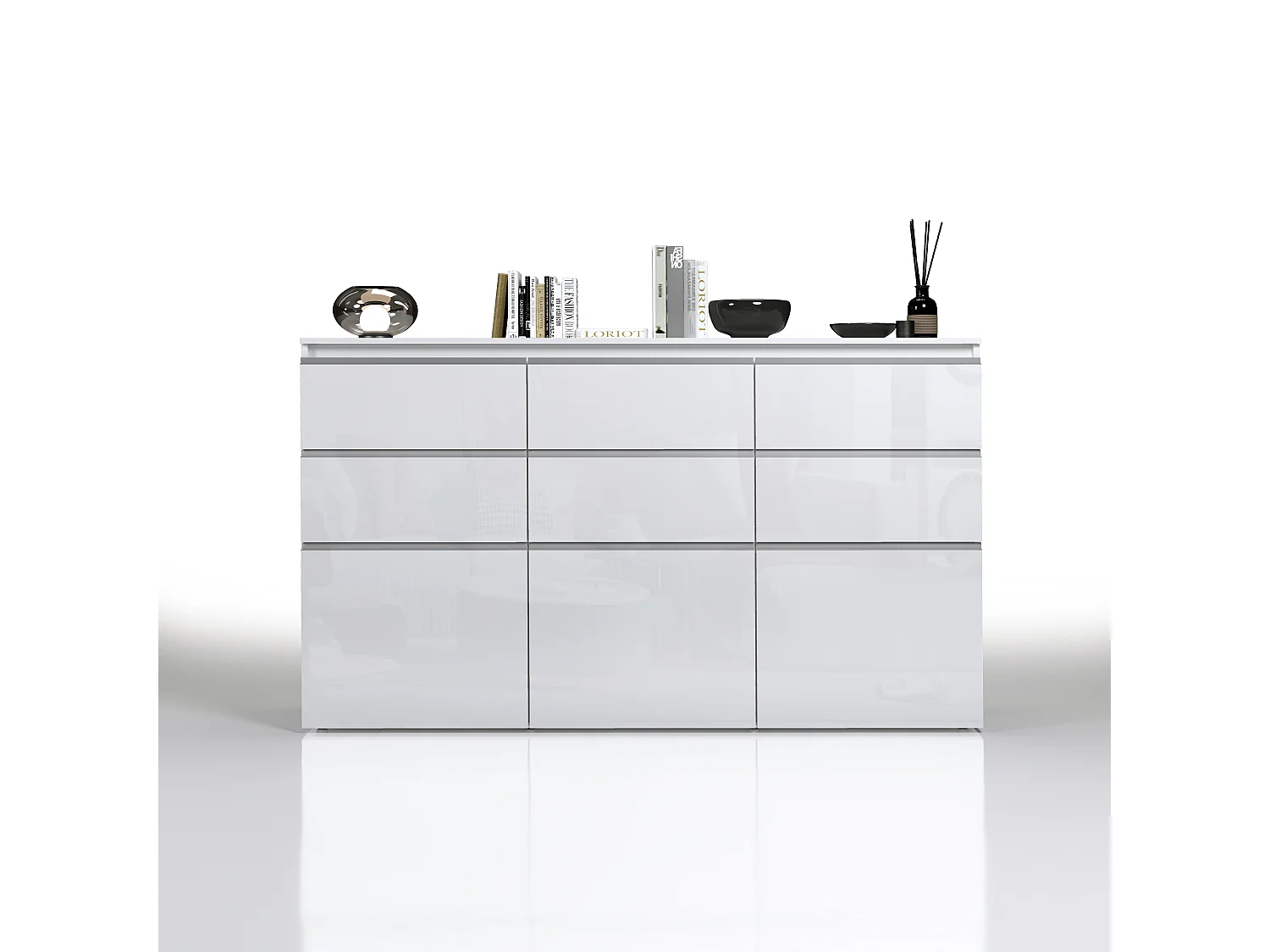 Credenza a cassettiera Magic 3 ante e 6 cassetti bianco lucido 180x40x105 cm