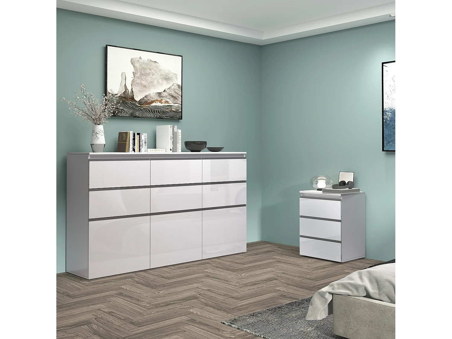 Credenza a cassettiera Magic 3 ante e 6 cassetti bianco lucido 180x40x105 cm