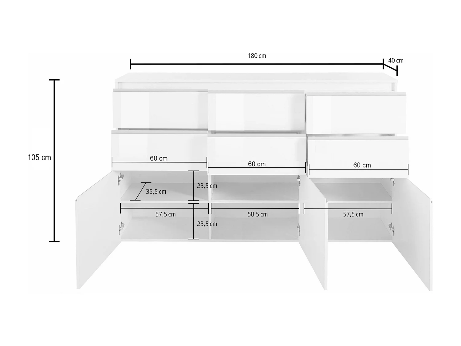 Credenza a cassettiera Magic 3 ante e 6 cassetti bianco lucido 180x40x105 cm