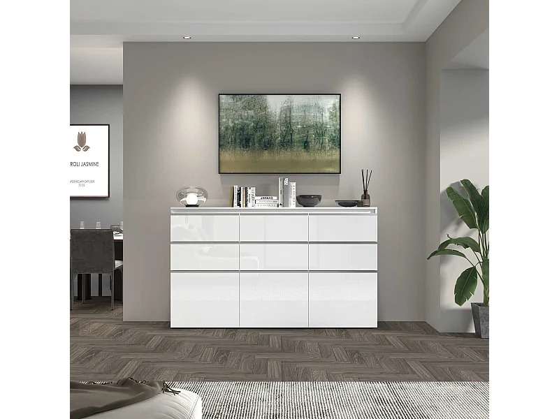 Credenza a cassettiera Magic 3 ante e 6 cassetti bianco lucido 180x40x105 cm