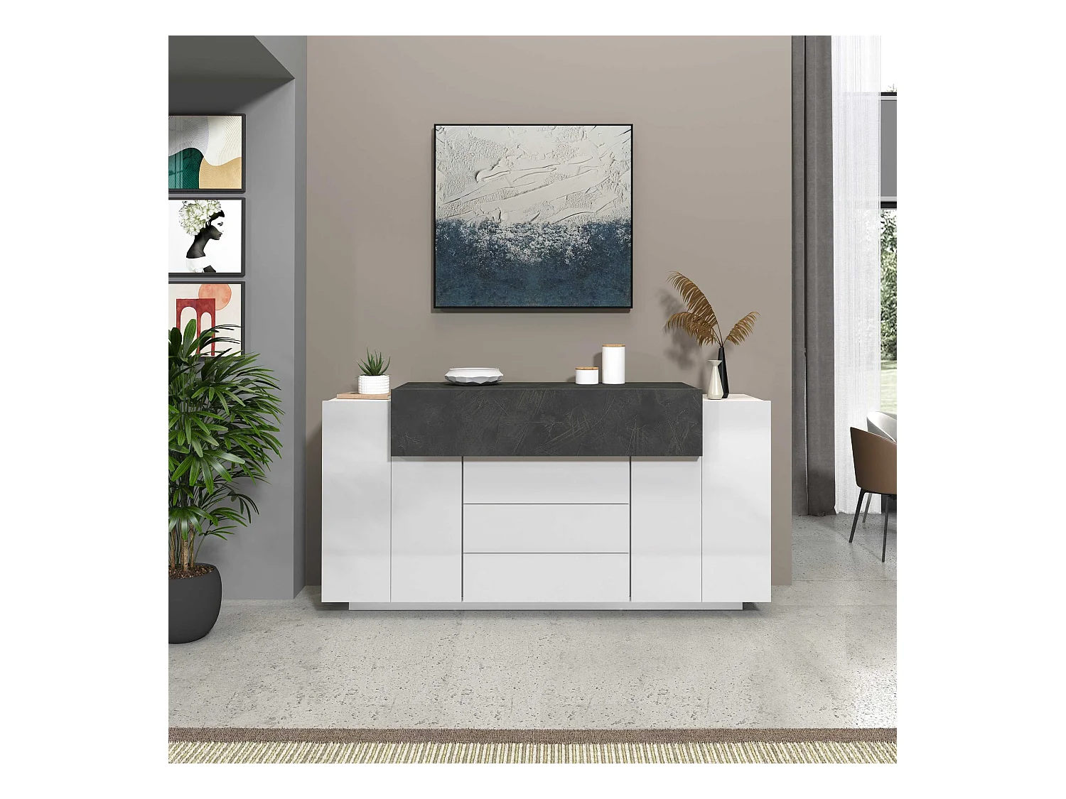 Credenza Corona 2 ante e 3 cassetti bianco lucido e ardesia 160x45x85 cm