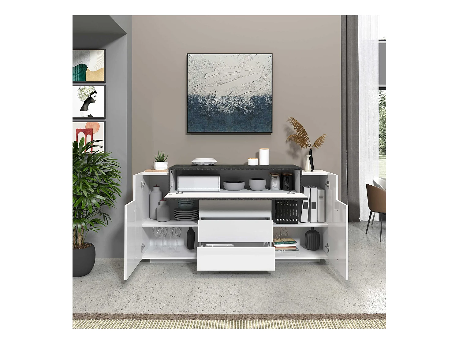 Credenza Corona 2 ante e 3 cassetti bianco lucido e ardesia 160x45x85 cm