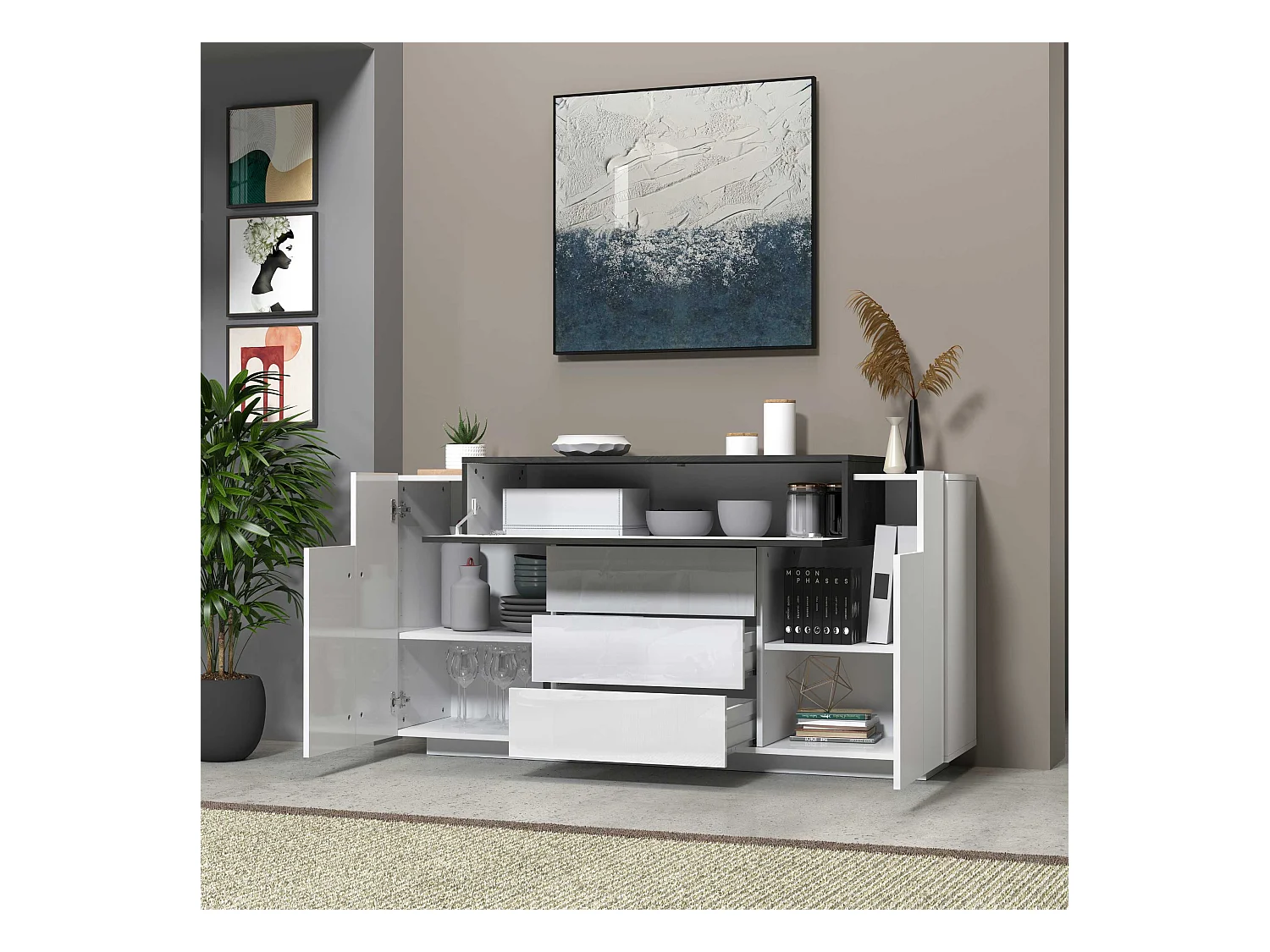 Credenza Corona 2 ante e 3 cassetti bianco lucido e ardesia 160x45x85 cm