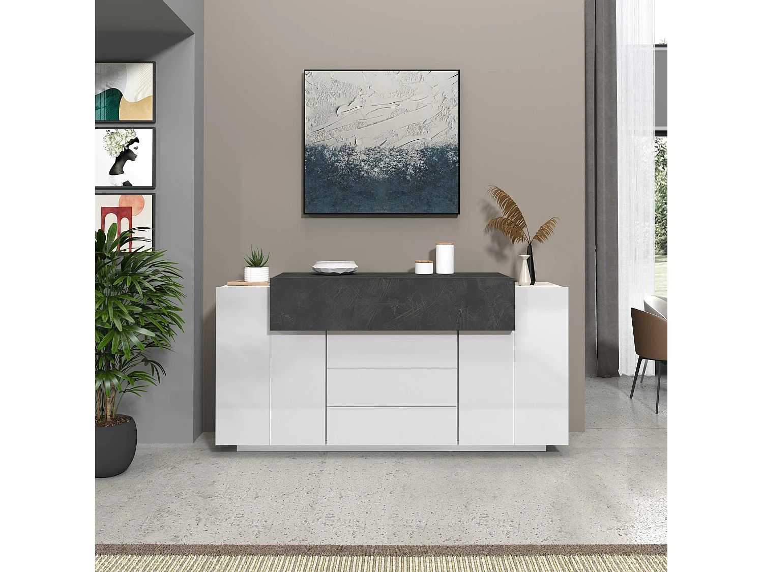 Credenza Corona 2 ante e 3 cassetti bianco lucido e ardesia 160x45x85 cm