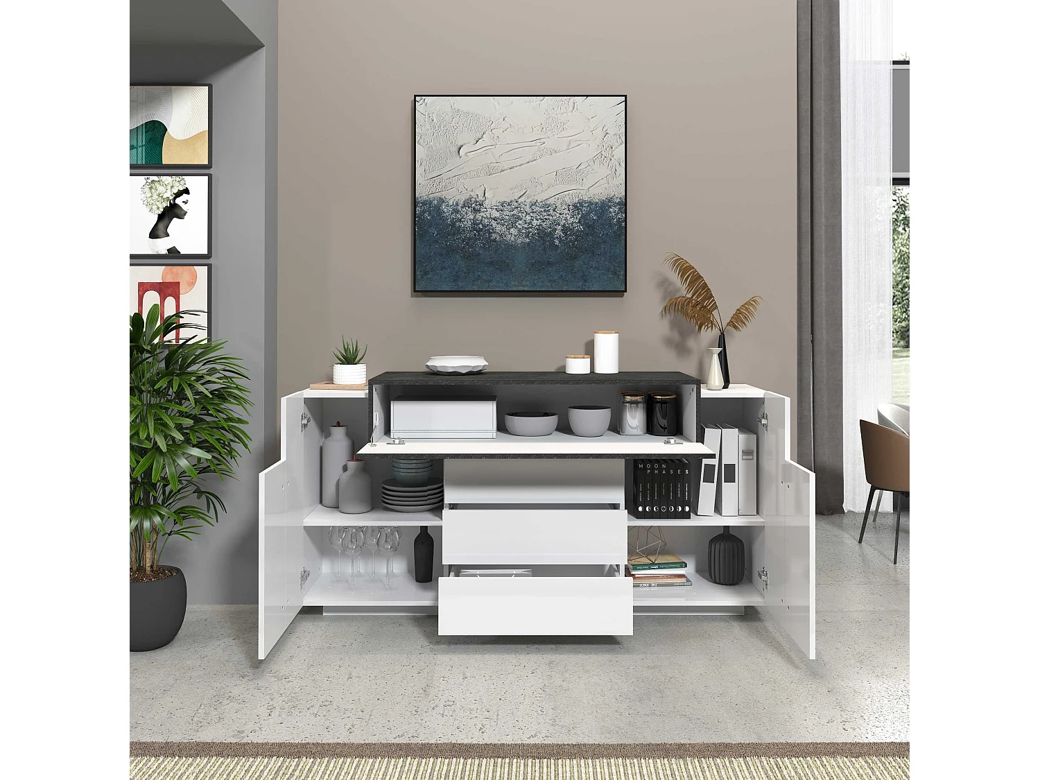 Credenza Corona 2 ante e 3 cassetti bianco lucido e ardesia 160x45x85 cm