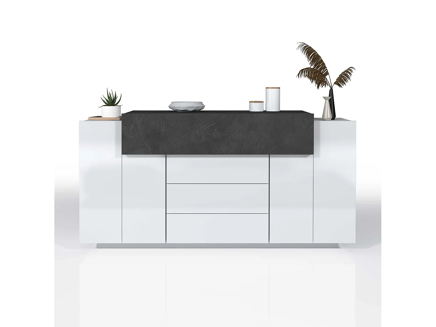 Credenza Corona 2 ante e 3 cassetti bianco lucido e ardesia 160x45x85 cm