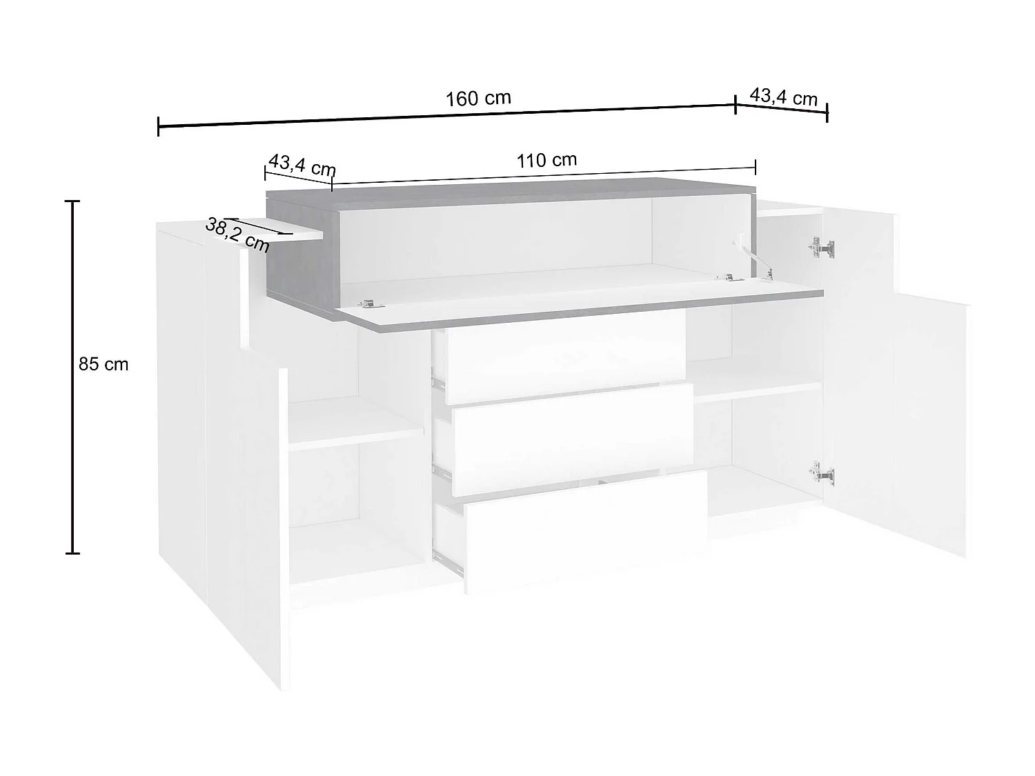 Credenza Corona 2 ante e 3 cassetti bianco lucido e ardesia 160x45x85 cm