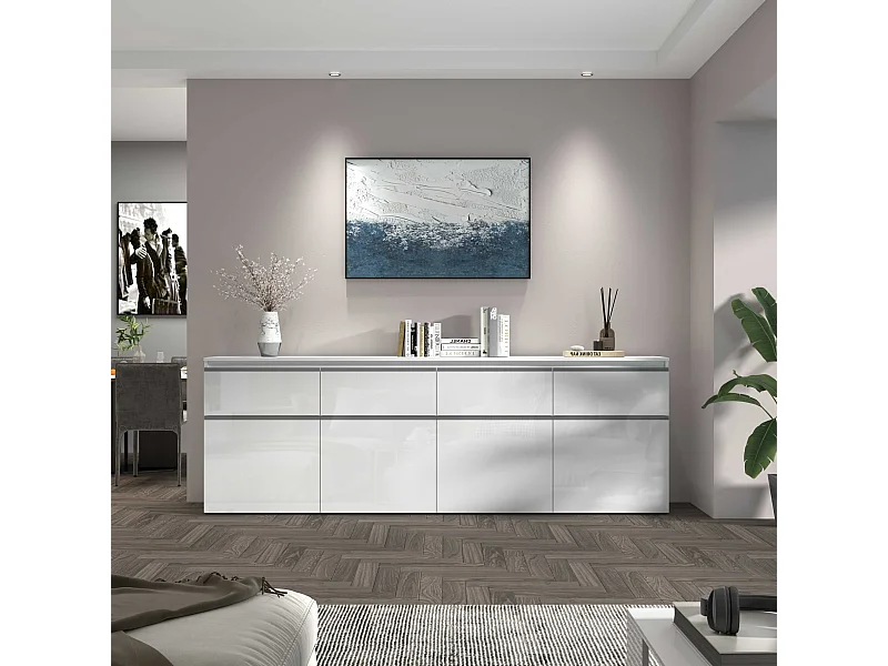 Credenza a cassettiera Magic 4 ante e 4 cassetti bianco lucido 240x40x80 cm