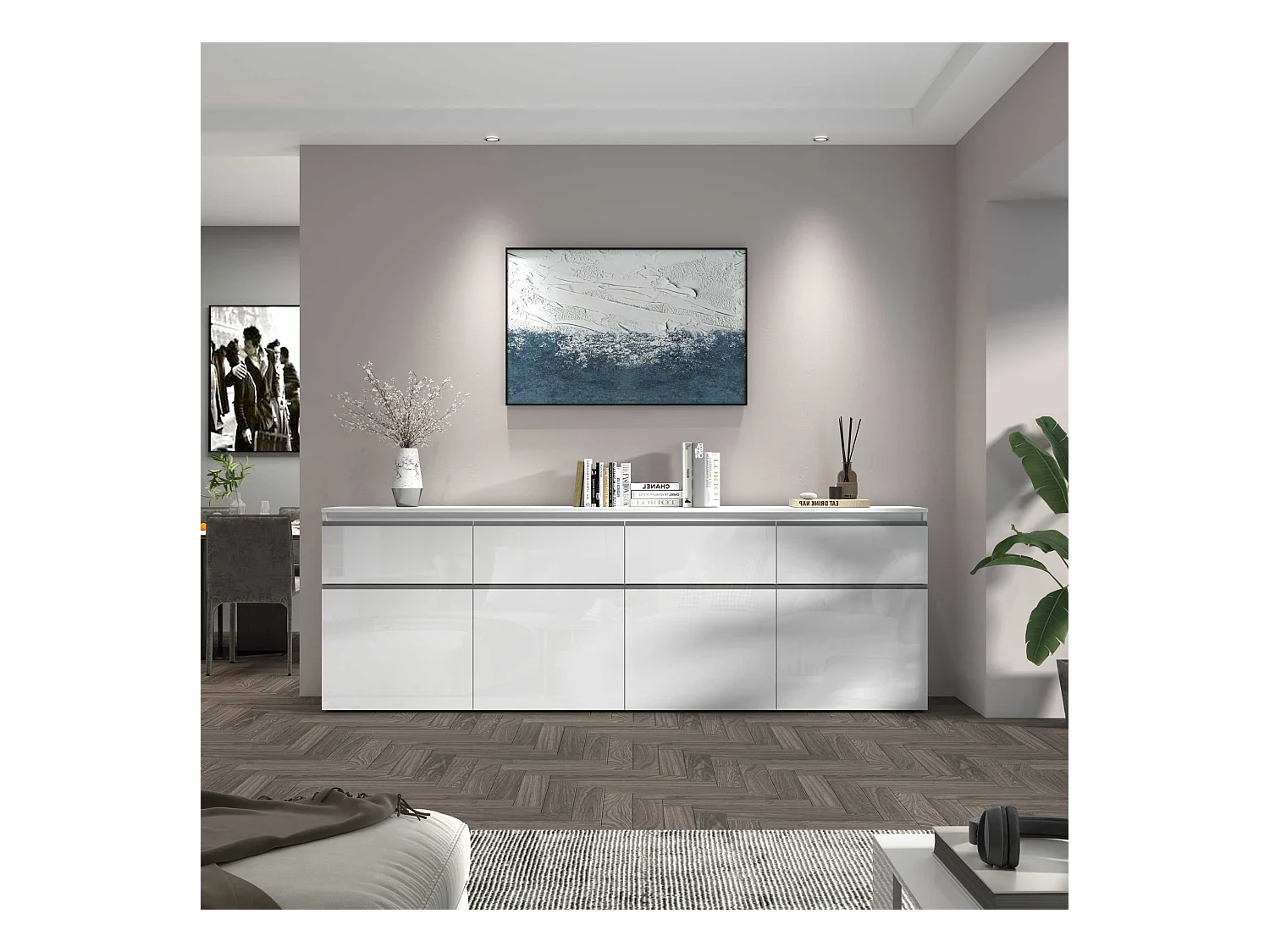 Credenza a cassettiera Magic 4 ante e 4 cassetti bianco lucido 240x40x80 cm
