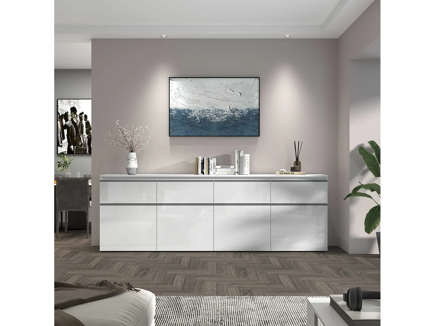 Credenza a cassettiera Magic 4 ante e 4 cassetti bianco lucido 240x40x80 cm