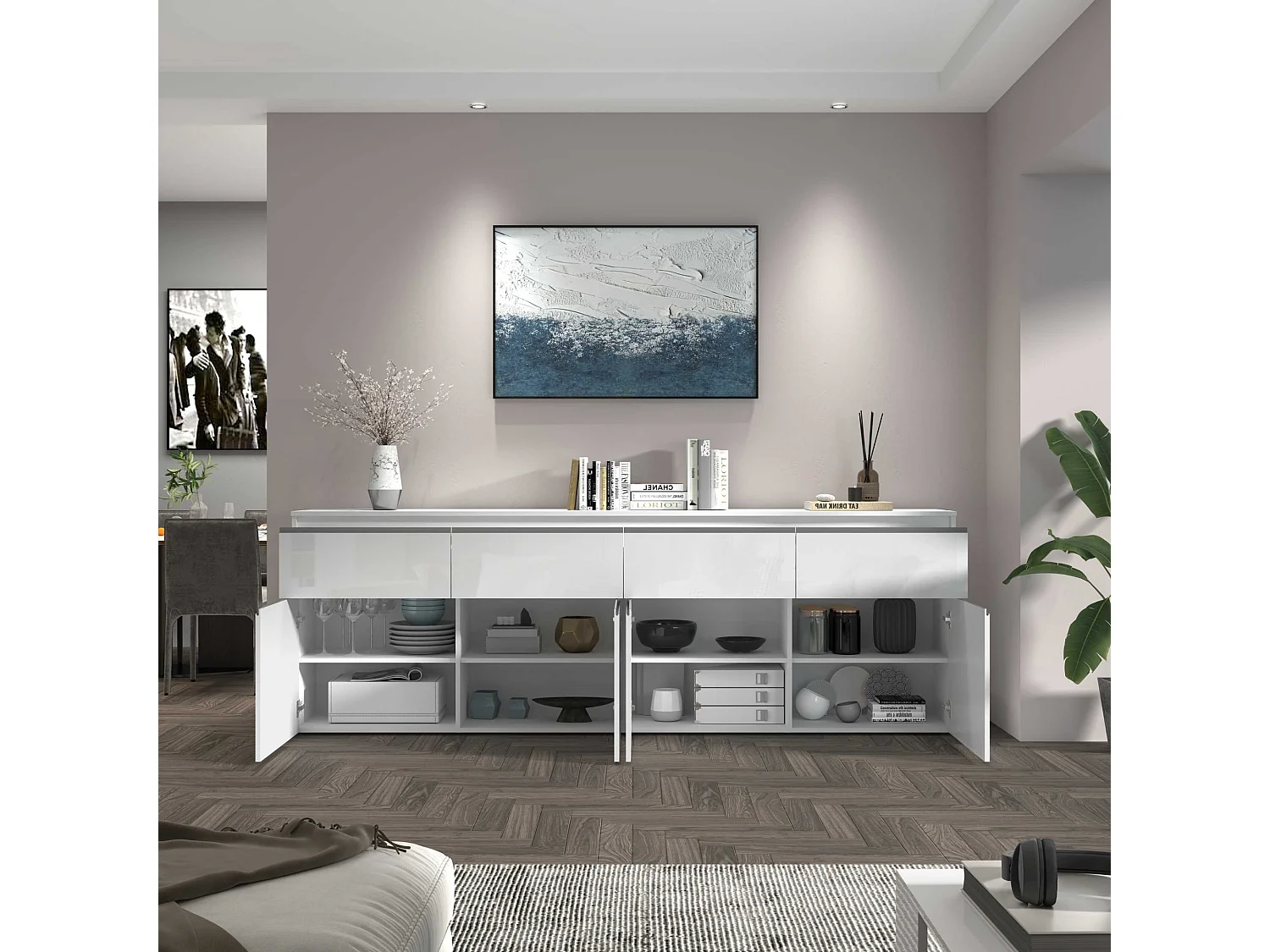 Credenza a cassettiera Magic 4 ante e 4 cassetti bianco lucido 240x40x80 cm