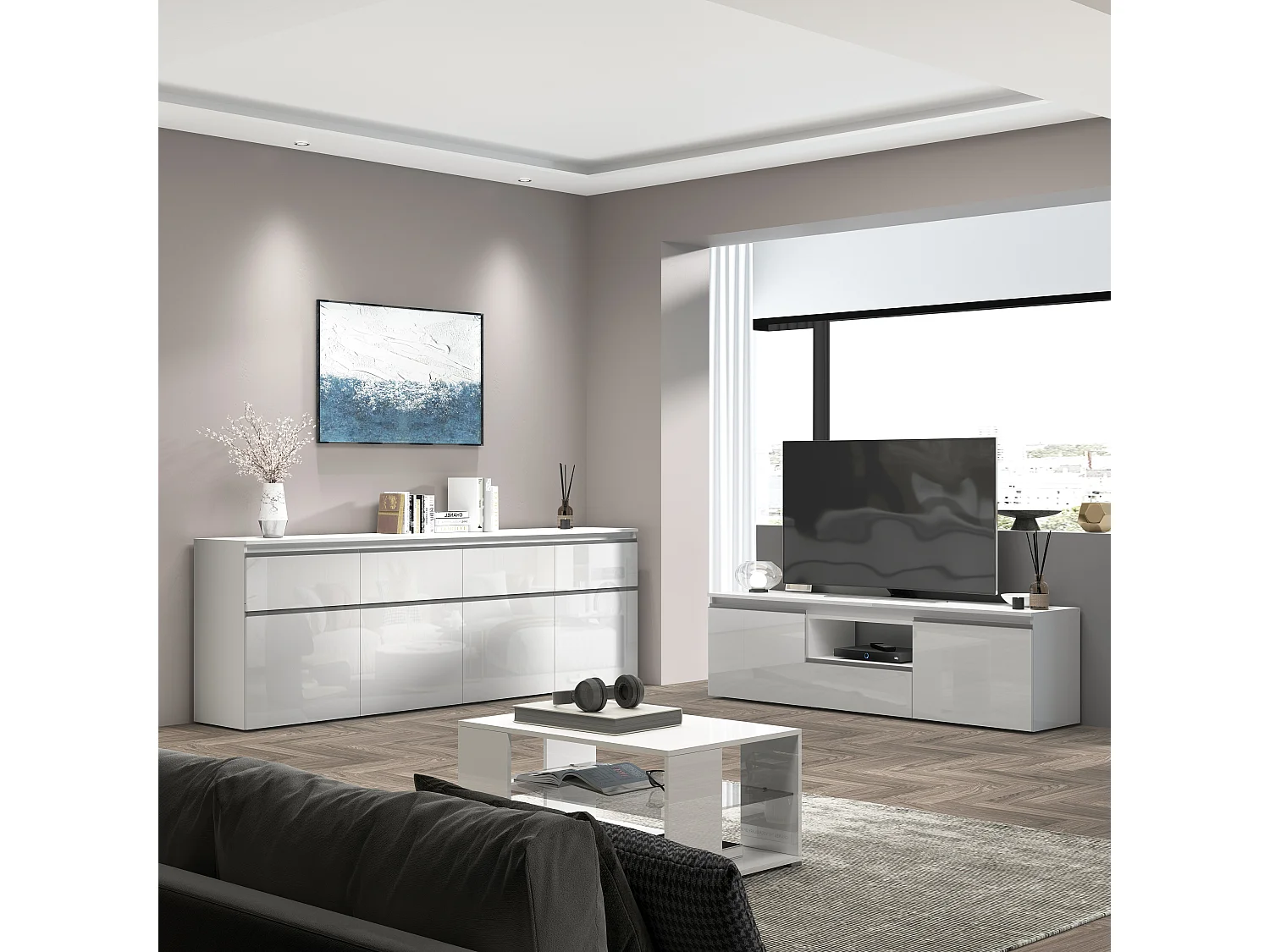 Credenza a cassettiera Magic 4 ante e 4 cassetti bianco lucido 240x40x80 cm