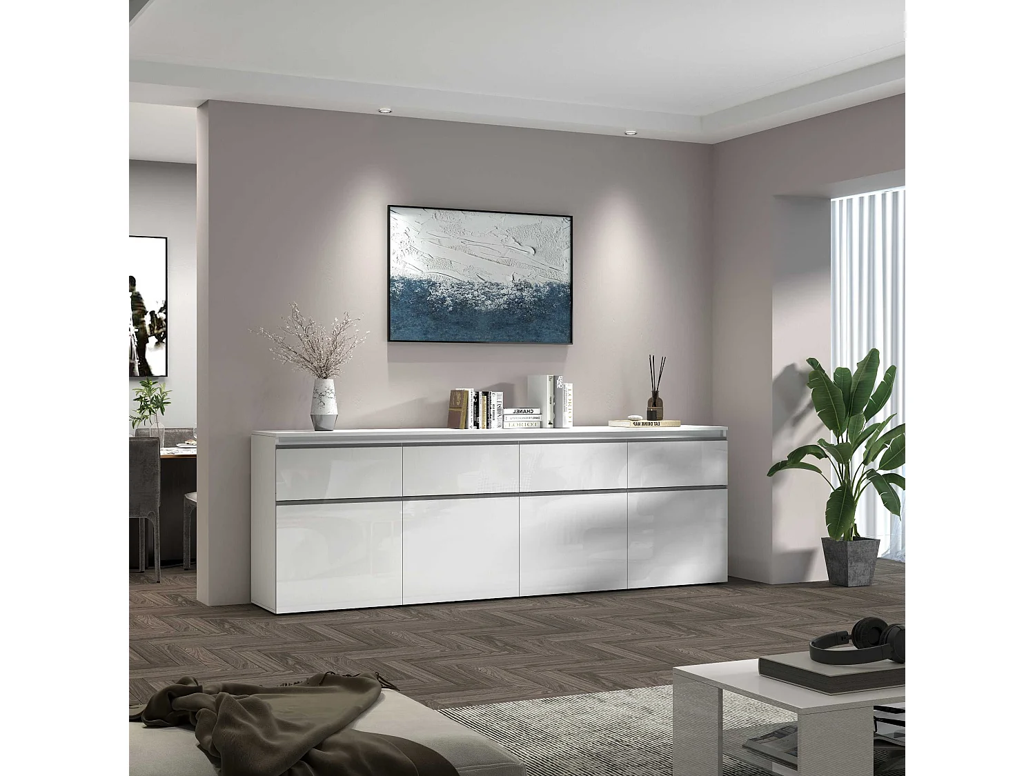 Credenza a cassettiera Magic 4 ante e 4 cassetti bianco lucido 240x40x80 cm