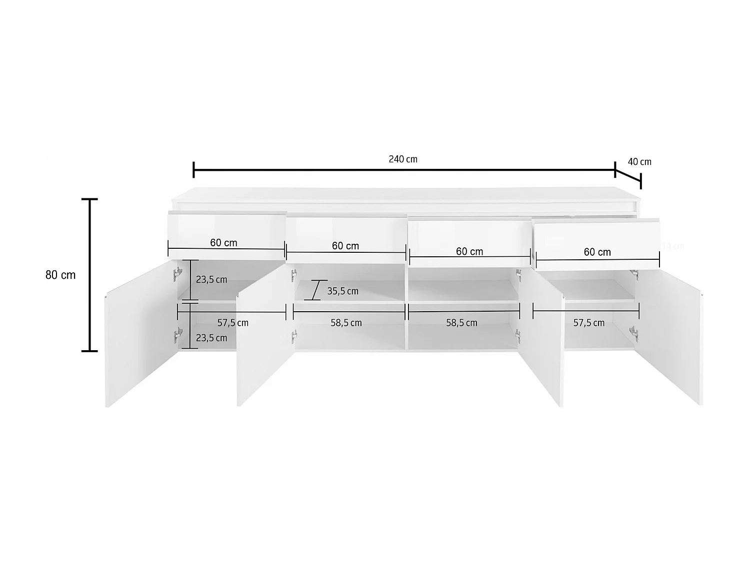 Credenza a cassettiera Magic 4 ante e 4 cassetti bianco lucido 240x40x80 cm