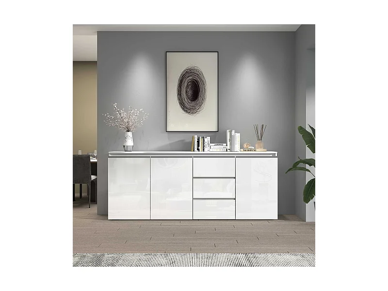 Credenza a cassettiera Magic 3 ante e 3 cassetti bianco lucido 200x40x85 cm