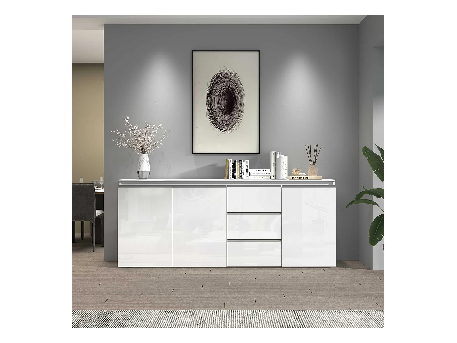 Credenza a cassettiera Magic 3 ante e 3 cassetti bianco lucido 200x40x85 cm