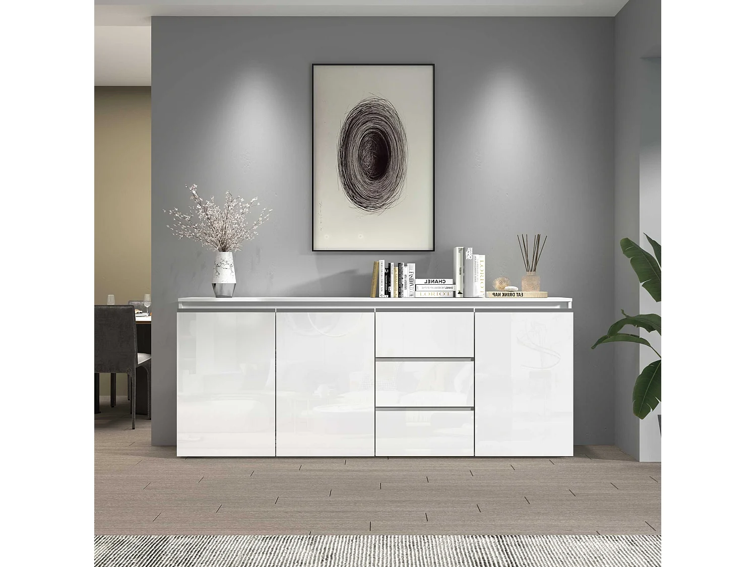 Credenza a cassettiera Magic 3 ante e 3 cassetti bianco lucido 200x40x85 cm