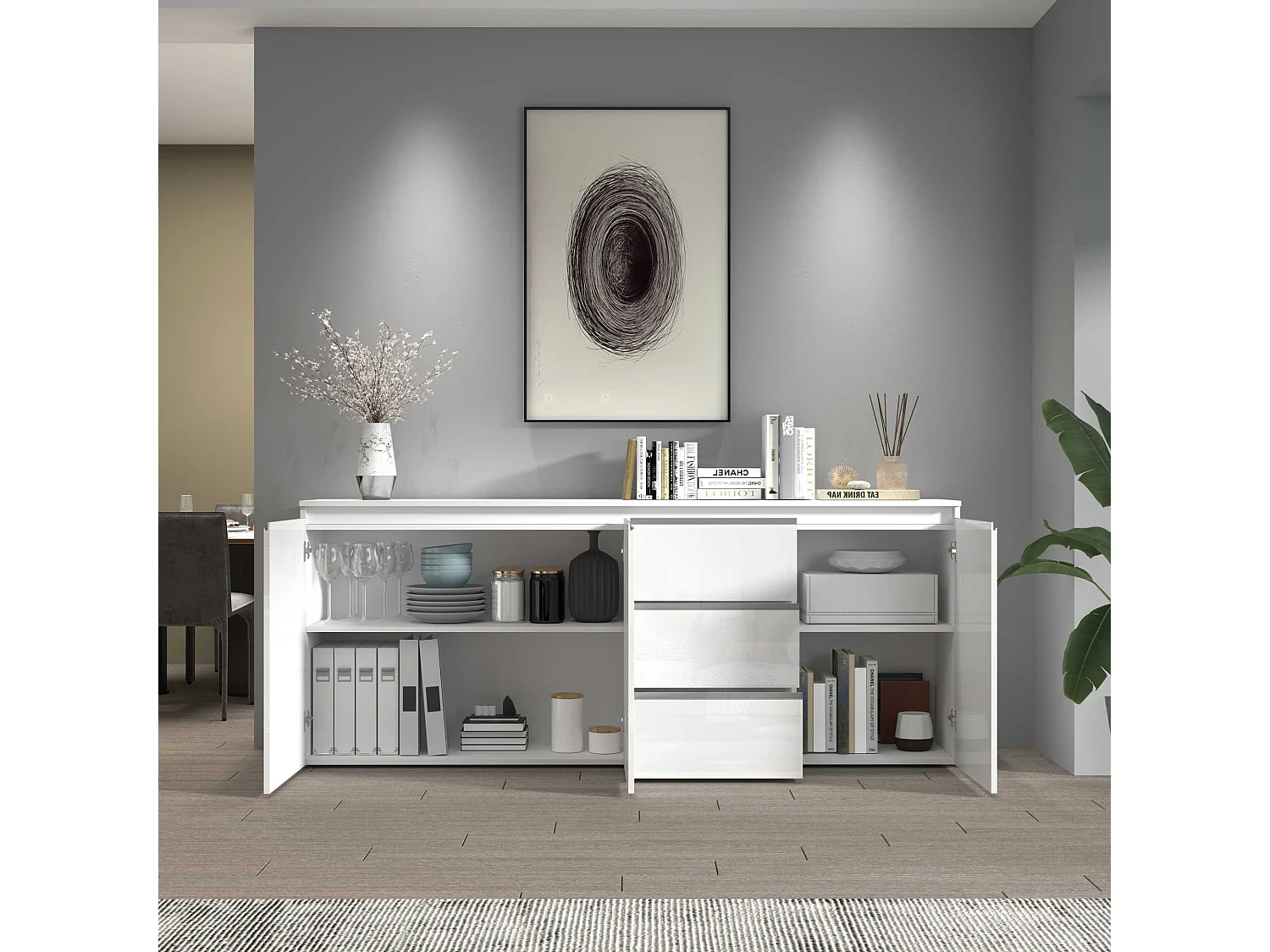 Credenza a cassettiera Magic 3 ante e 3 cassetti bianco lucido 200x40x85 cm