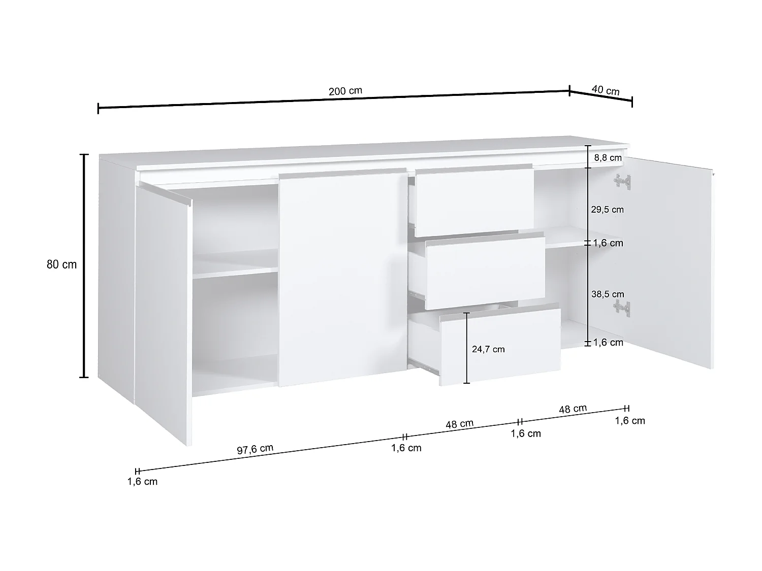 Credenza a cassettiera Magic 3 ante e 3 cassetti bianco lucido 200x40x85 cm