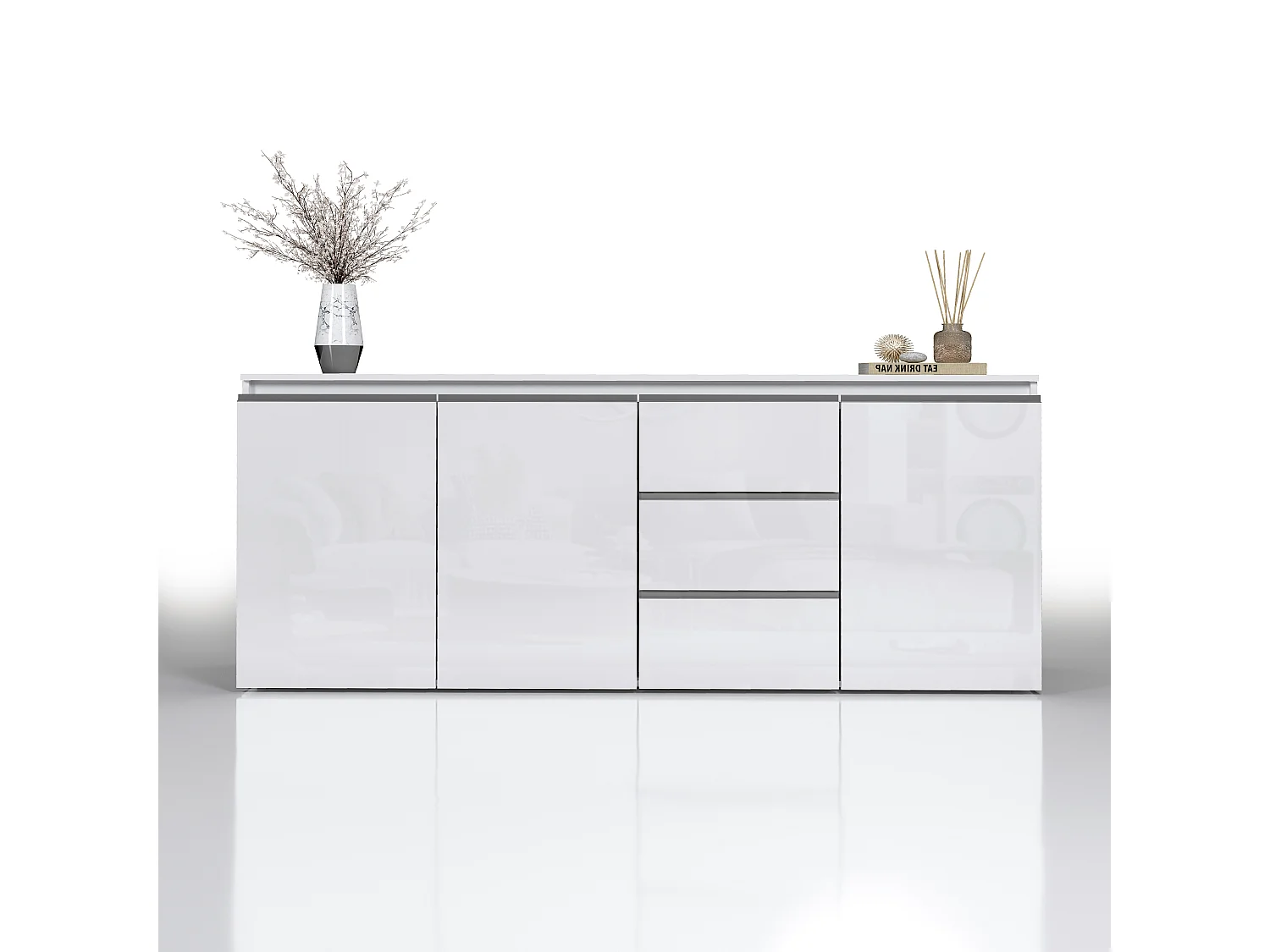 Credenza a cassettiera Magic 3 ante e 3 cassetti bianco lucido 200x40x85 cm