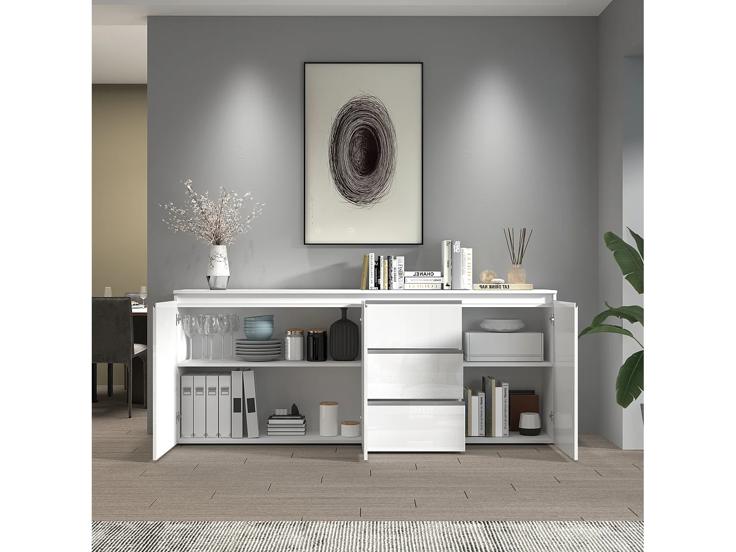 Credenza a cassettiera Magic 3 ante e 3 cassetti bianco lucido 200x40x85 cm