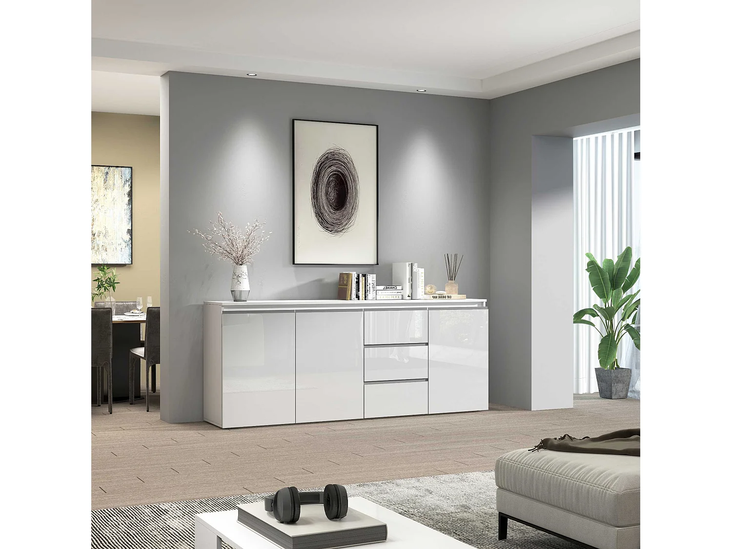 Credenza a cassettiera Magic 3 ante e 3 cassetti bianco lucido 200x40x85 cm
