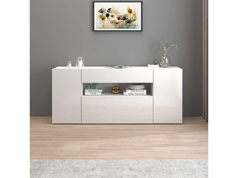 Credenza Potenza con 2 ante 1 ribalta e 1 cassetto bianco lucido 180x40x80 cm