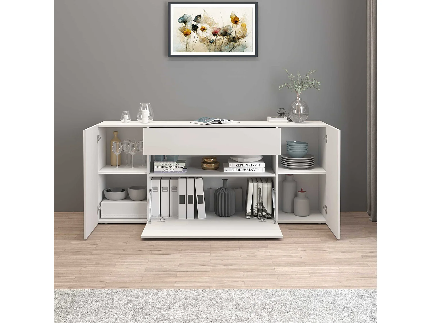 Credenza Potenza con 2 ante 1 ribalta e 1 cassetto bianco lucido 180x40x80 cm