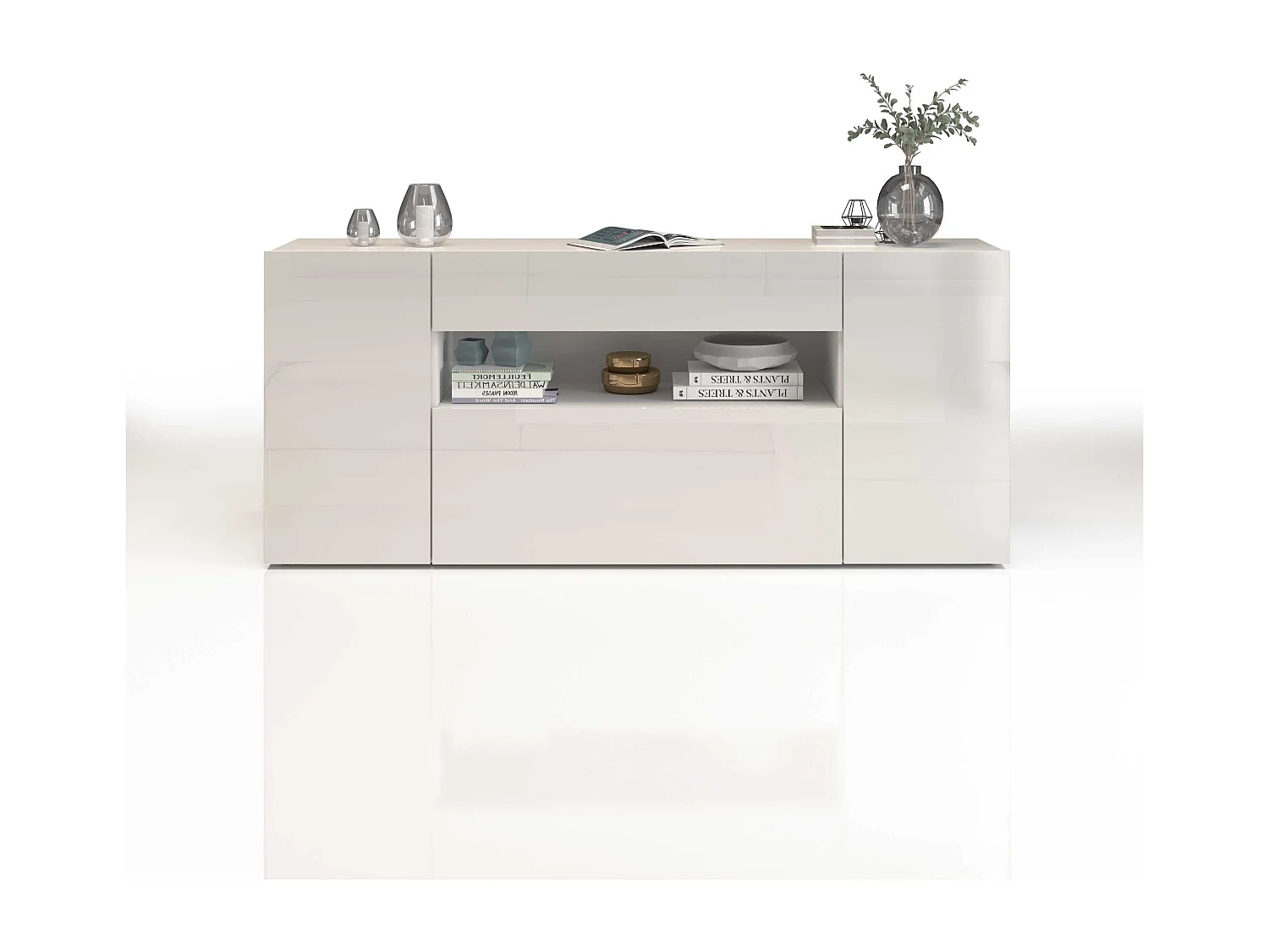 Credenza Potenza con 2 ante 1 ribalta e 1 cassetto bianco lucido 180x40x80 cm